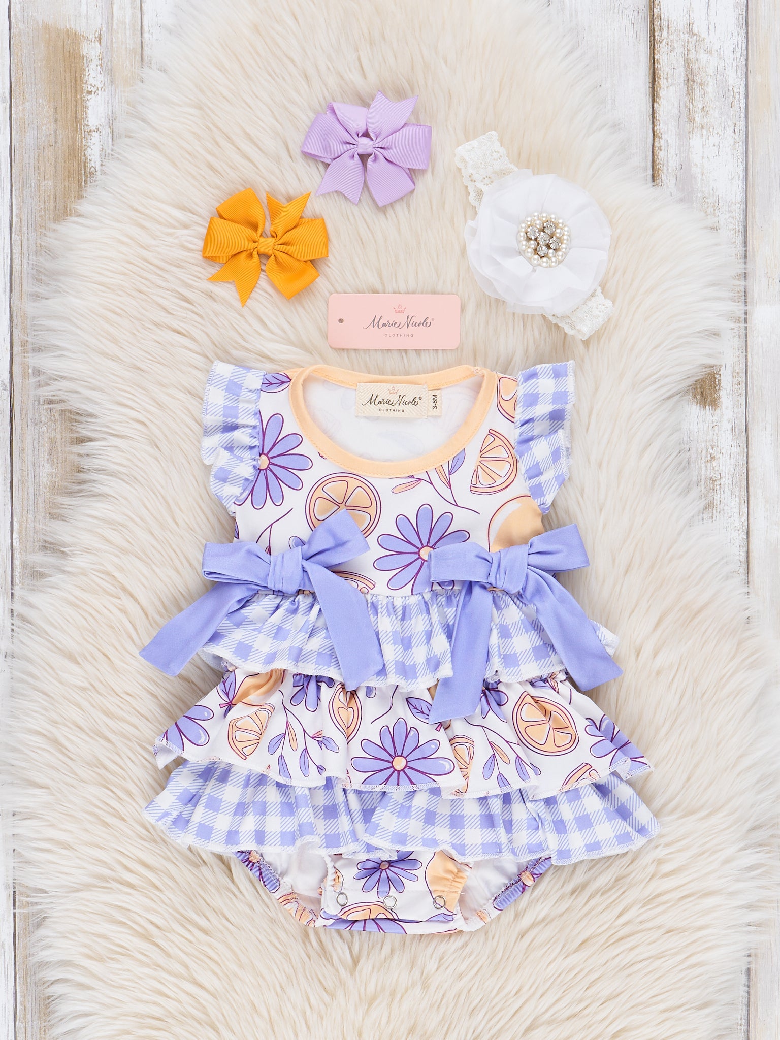 Lemon & Lavender Daisies Ruffle Bubble Romper - Marie Nicole Clothing