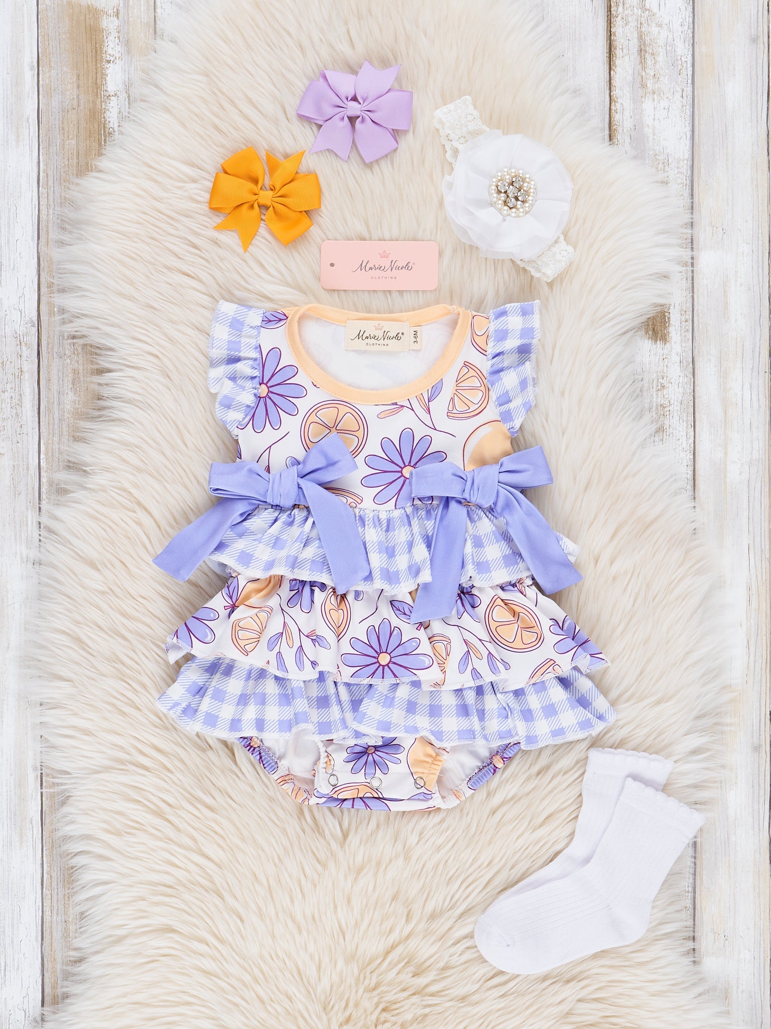 Lemon & Lavender Daisies Ruffle Bubble Romper - Marie Nicole Clothing