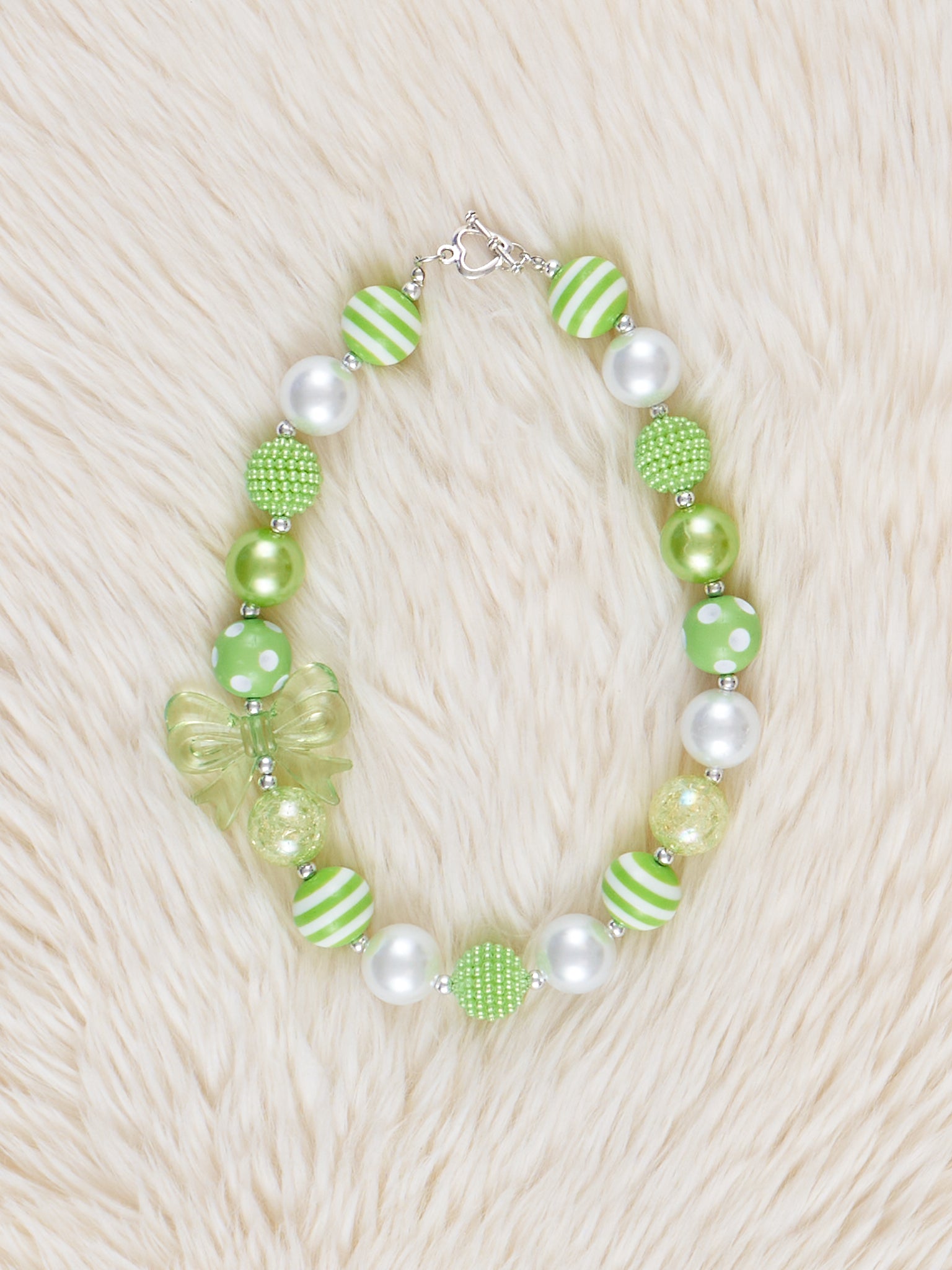 Lime Stripes Bow Charm Bubblegum Necklace - Marie Nicole Clothing