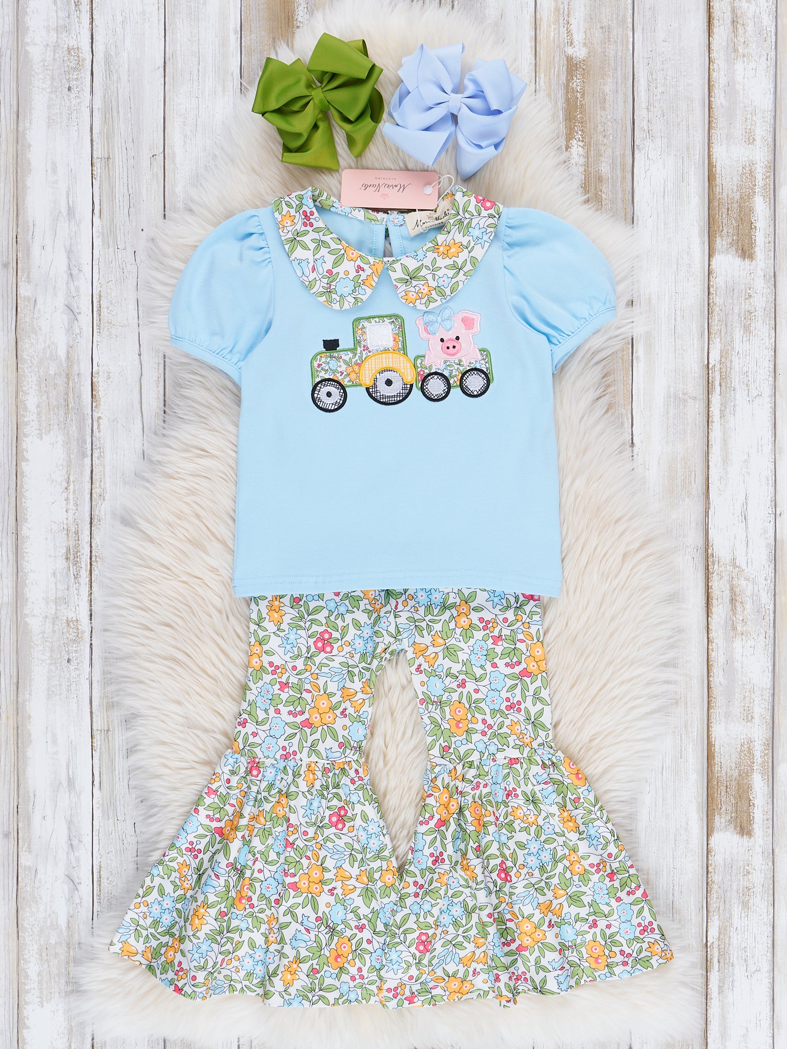 Light Blue Embroidered Piggy Tractor Bell Bottoms Outfit - Marie Nicole Clothing