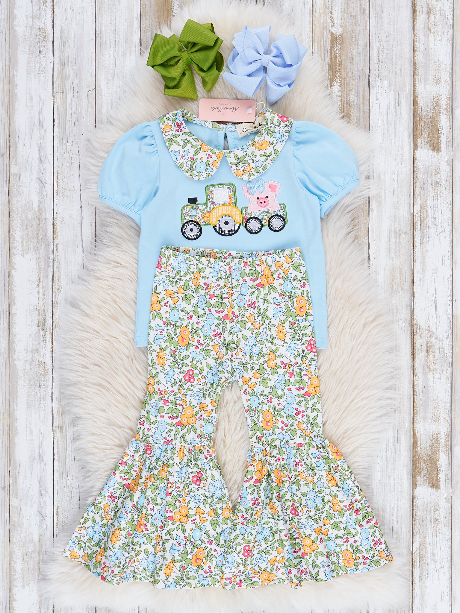 Light Blue Embroidered Piggy Tractor Bell Bottoms Outfit - Marie Nicole Clothing
