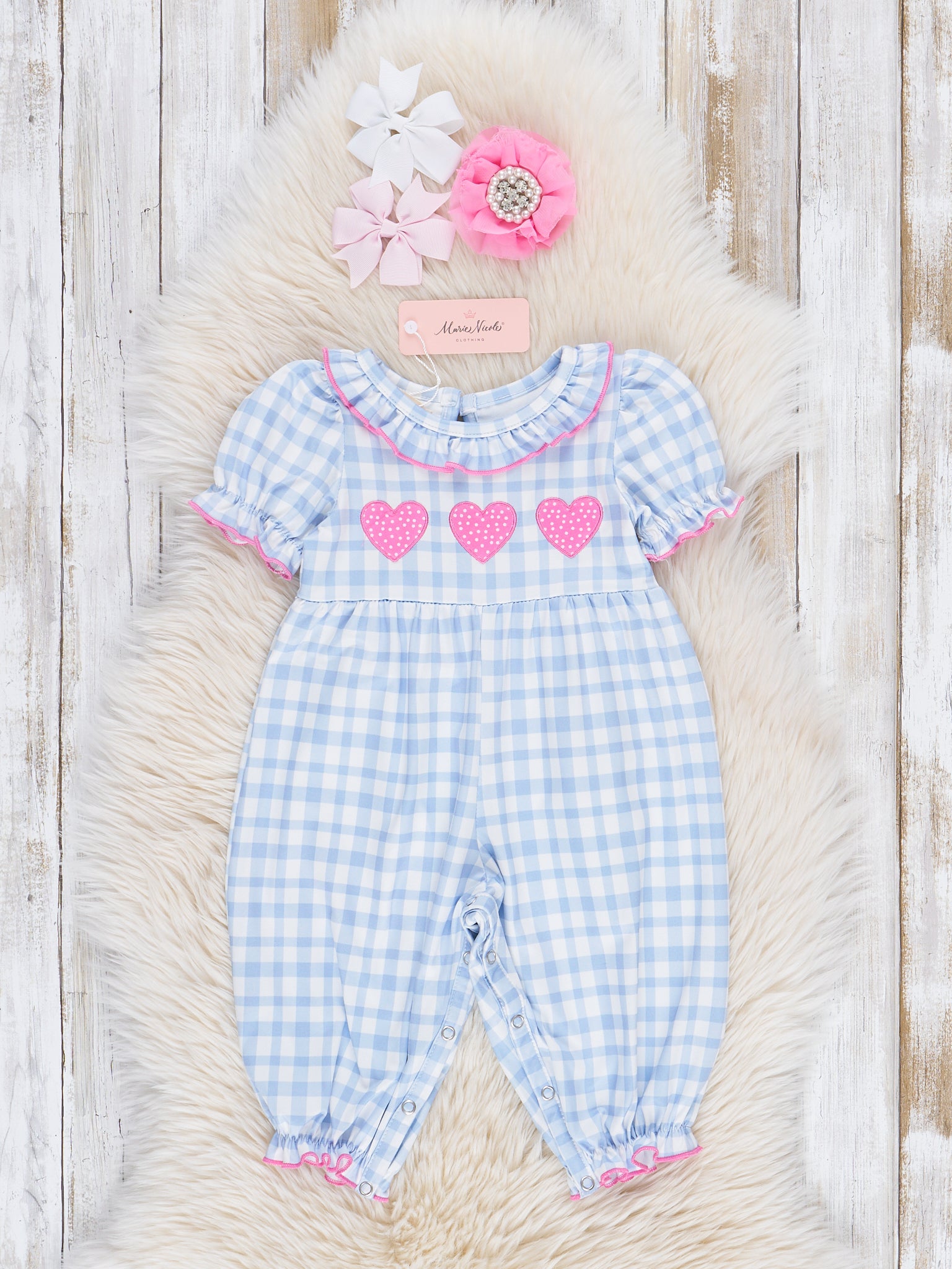 Blue Gingham Embroidered Hearts Romper - Marie Nicole Clothing
