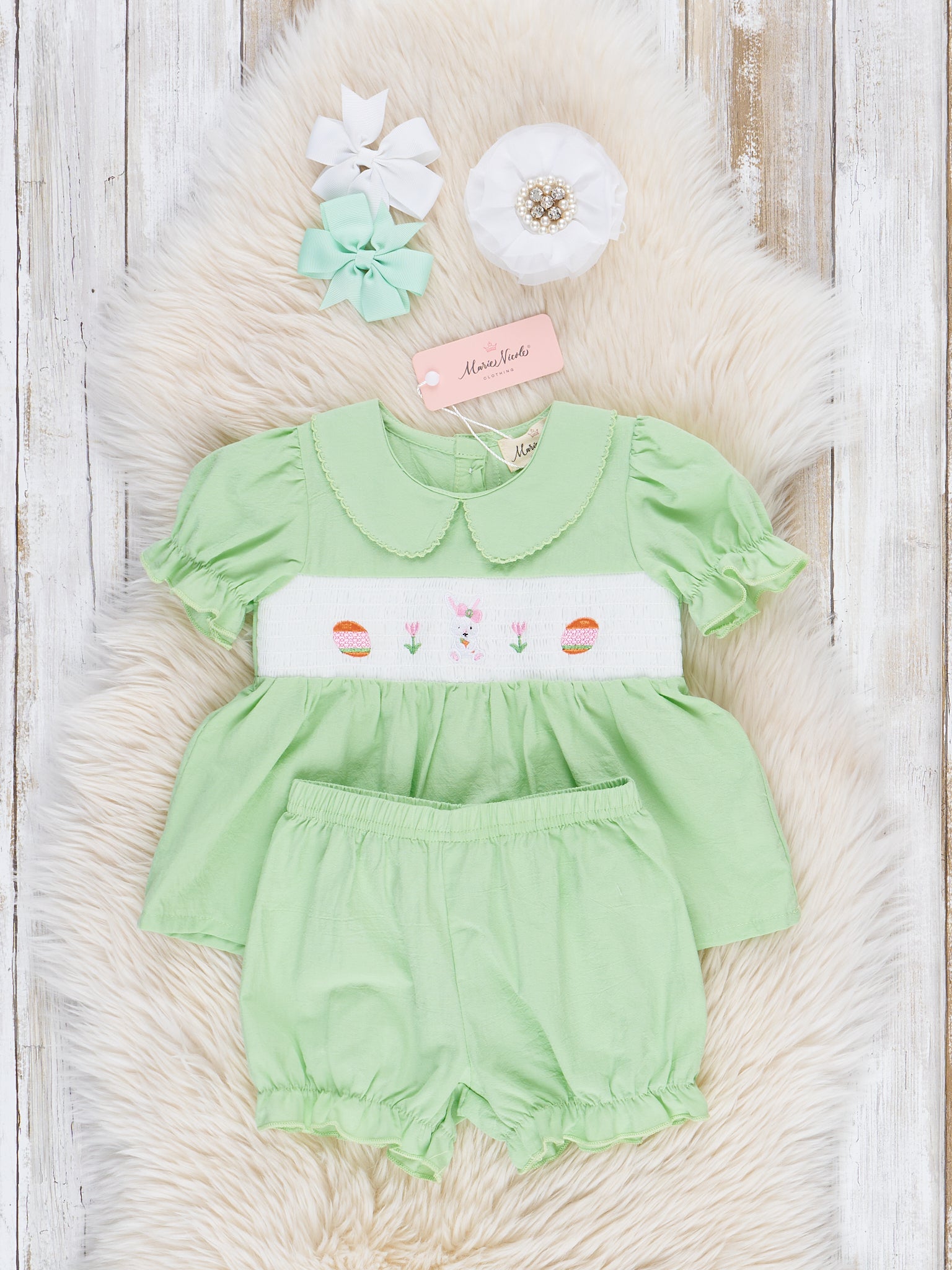 Soft Green Smocked Easter Bloomers Outfit - Marie Nicole Clothing