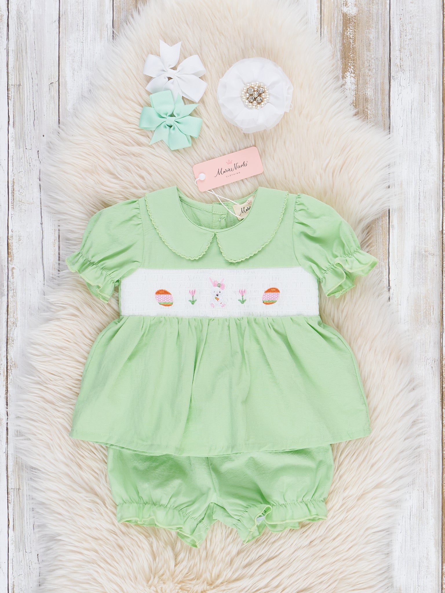 Soft Green Smocked Easter Bloomers Outfit - Marie Nicole Clothing