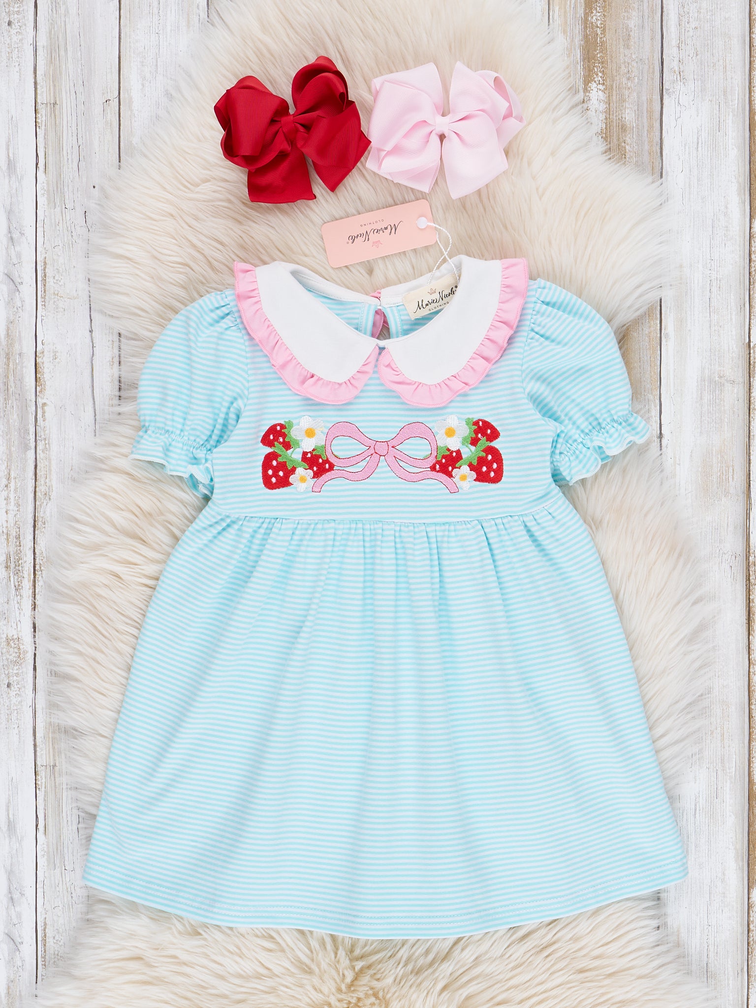 Embroidered Strawberry Bows Ruffle Dress - Marie Nicole Clothing
