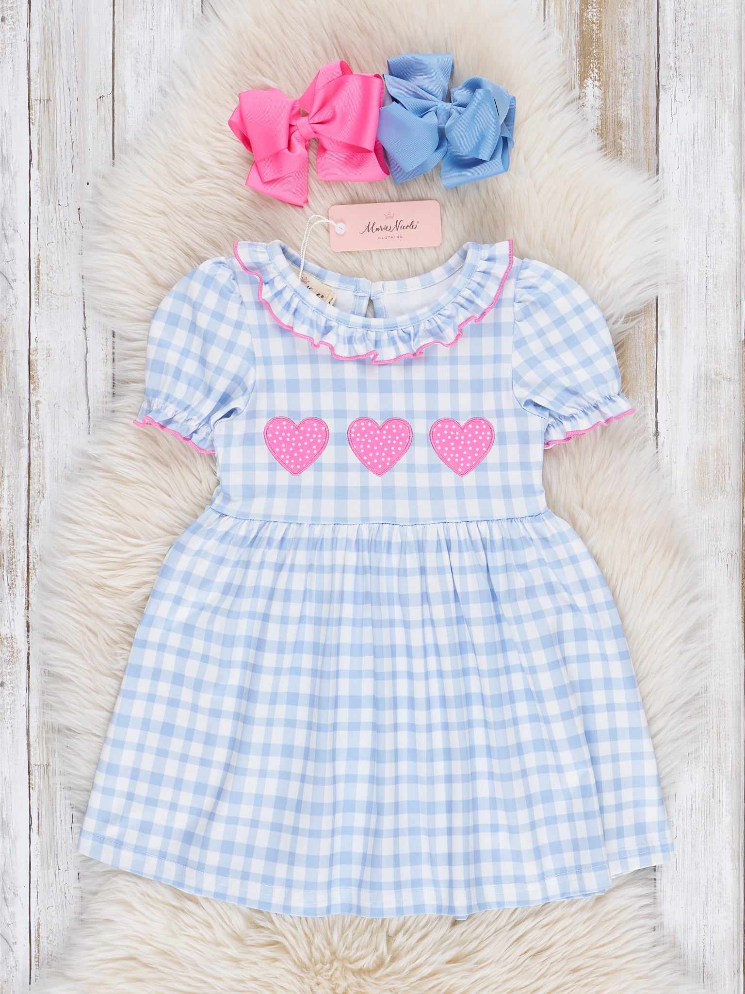 Blue Gingham Embroidered Hearts Ruffle Dress - Marie Nicole Clothing