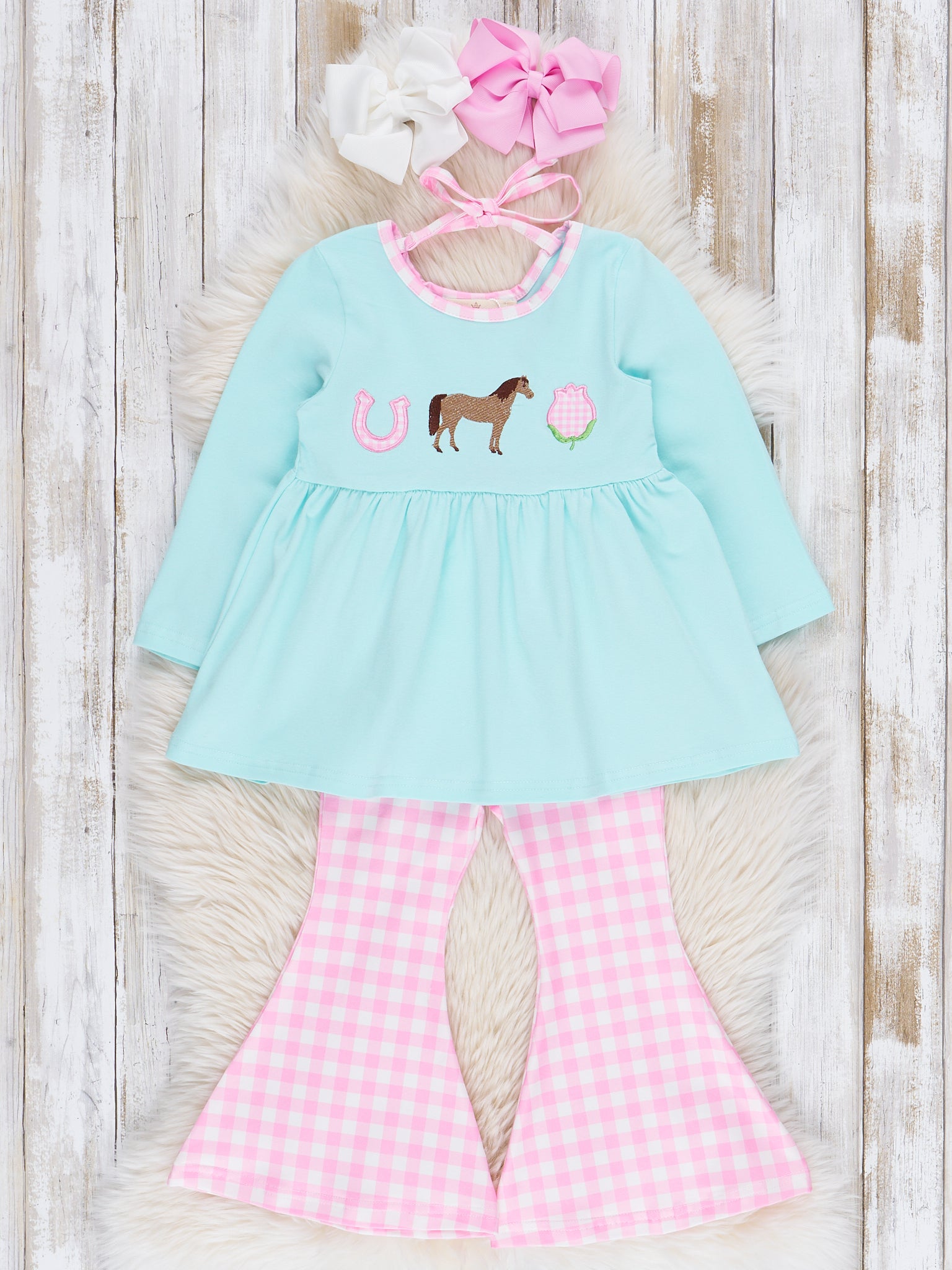 Embroidered Horsing Around Gingham Flare Outfit - Marie Nicole Clothing