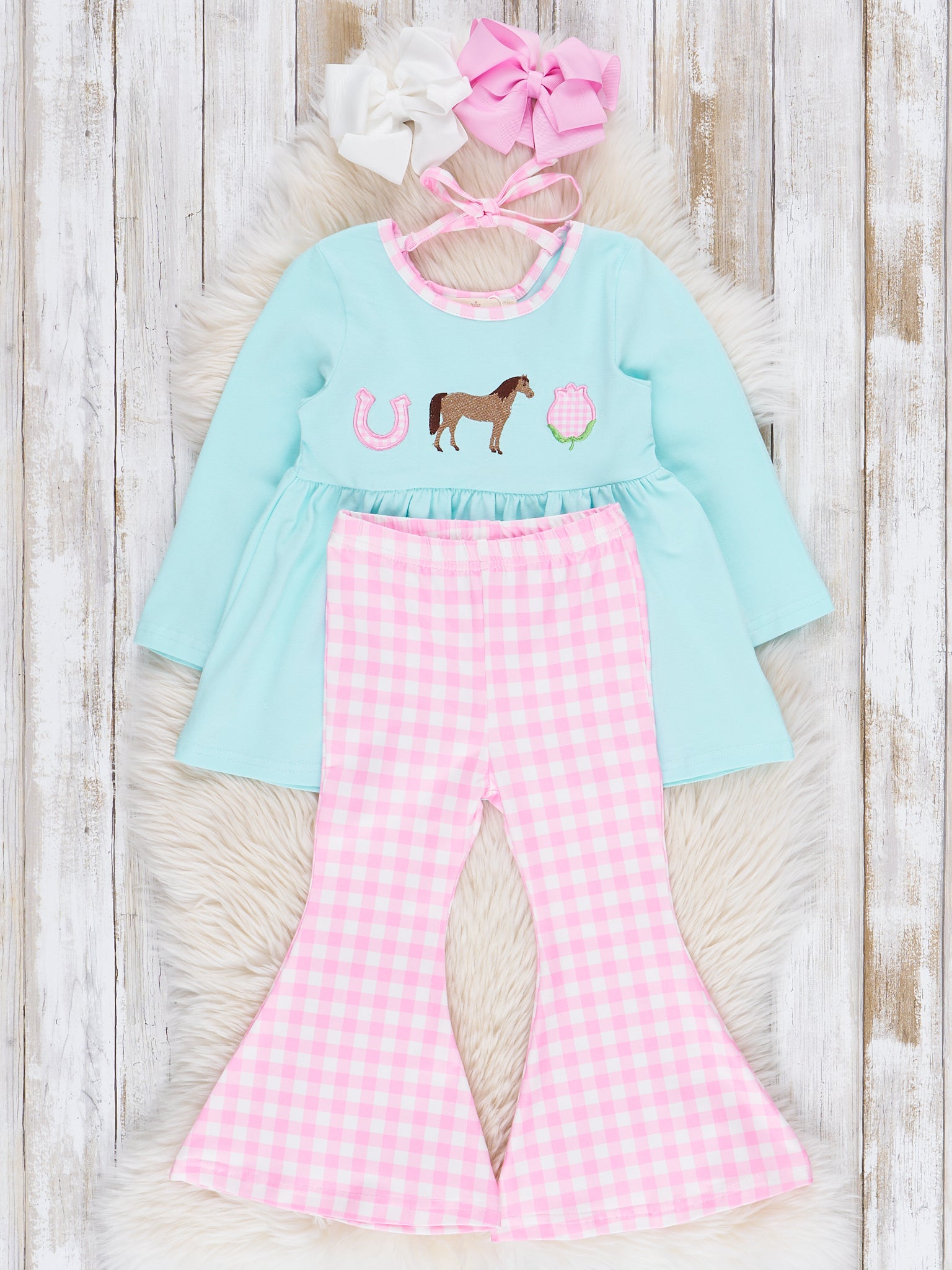 Embroidered Horsing Around Gingham Flare Outfit - Marie Nicole Clothing