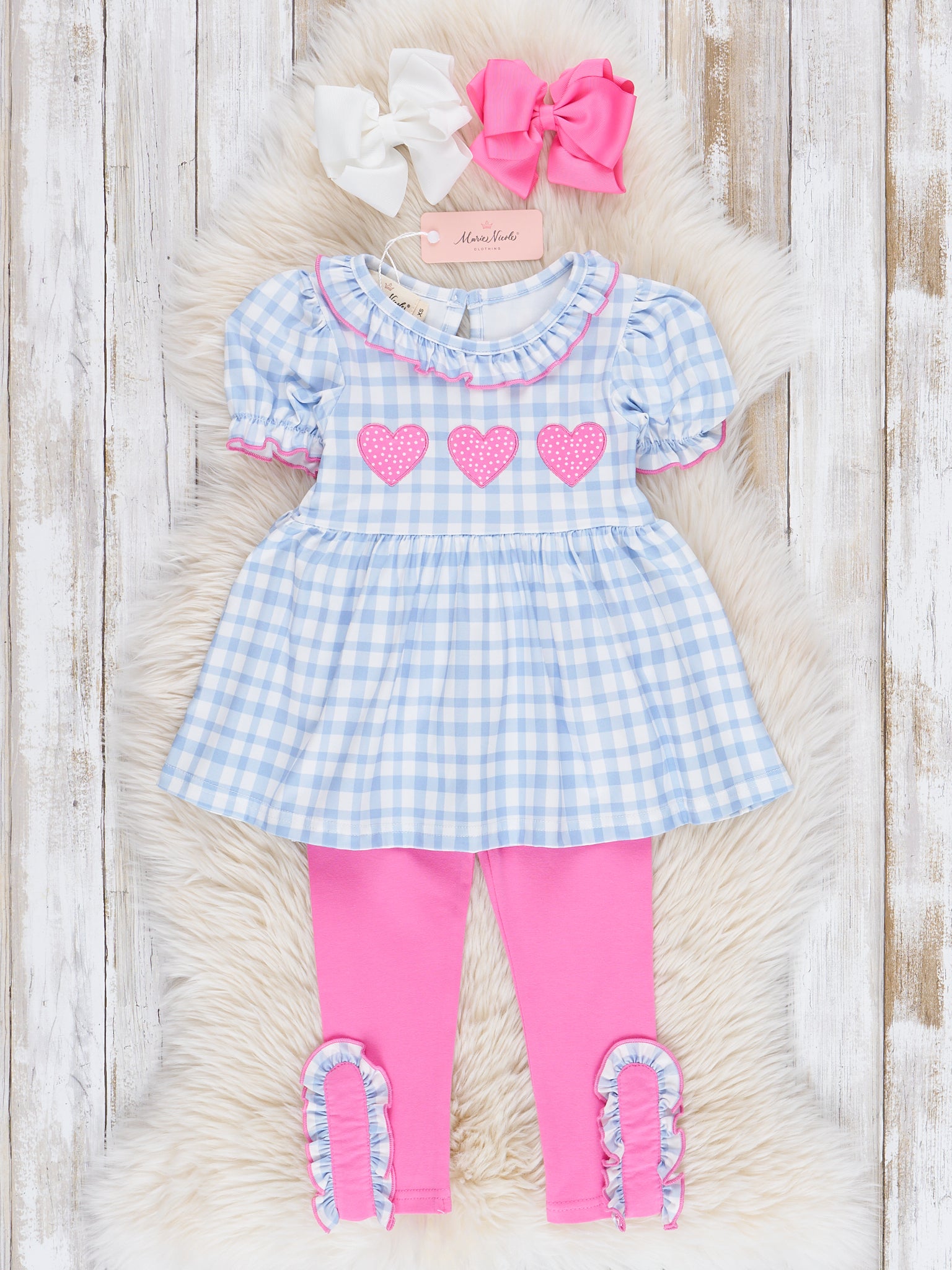 Blue Gingham Embroidered Hearts Ruffle Outfit - Marie Nicole Clothing