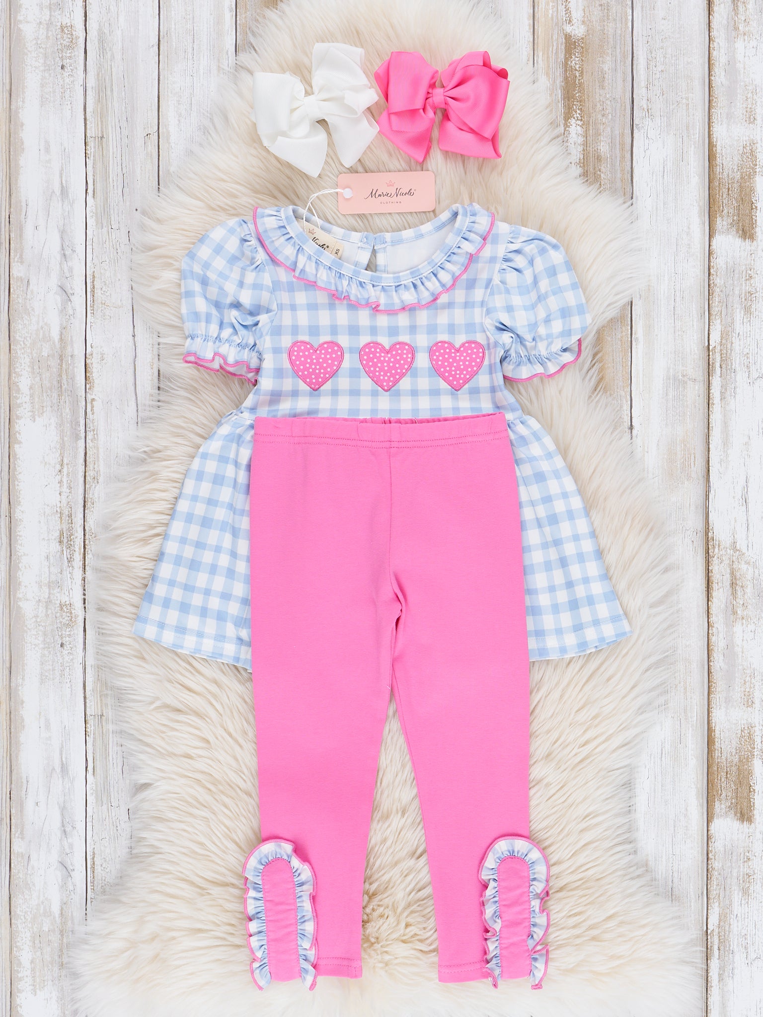 Blue Gingham Embroidered Hearts Ruffle Outfit - Marie Nicole Clothing