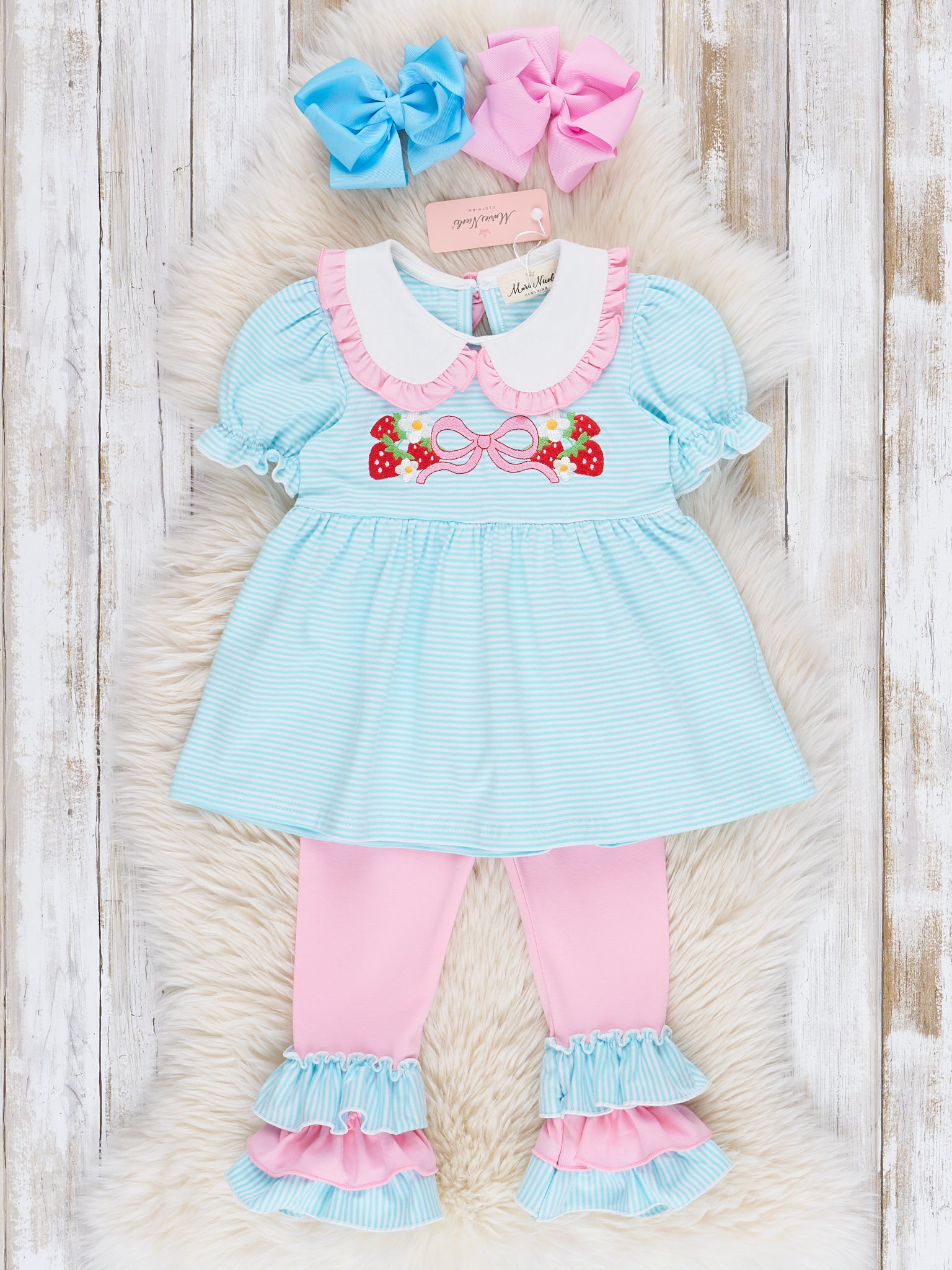 Embroidered Strawberry Bows Ruffle Outfit - Marie Nicole Clothing
