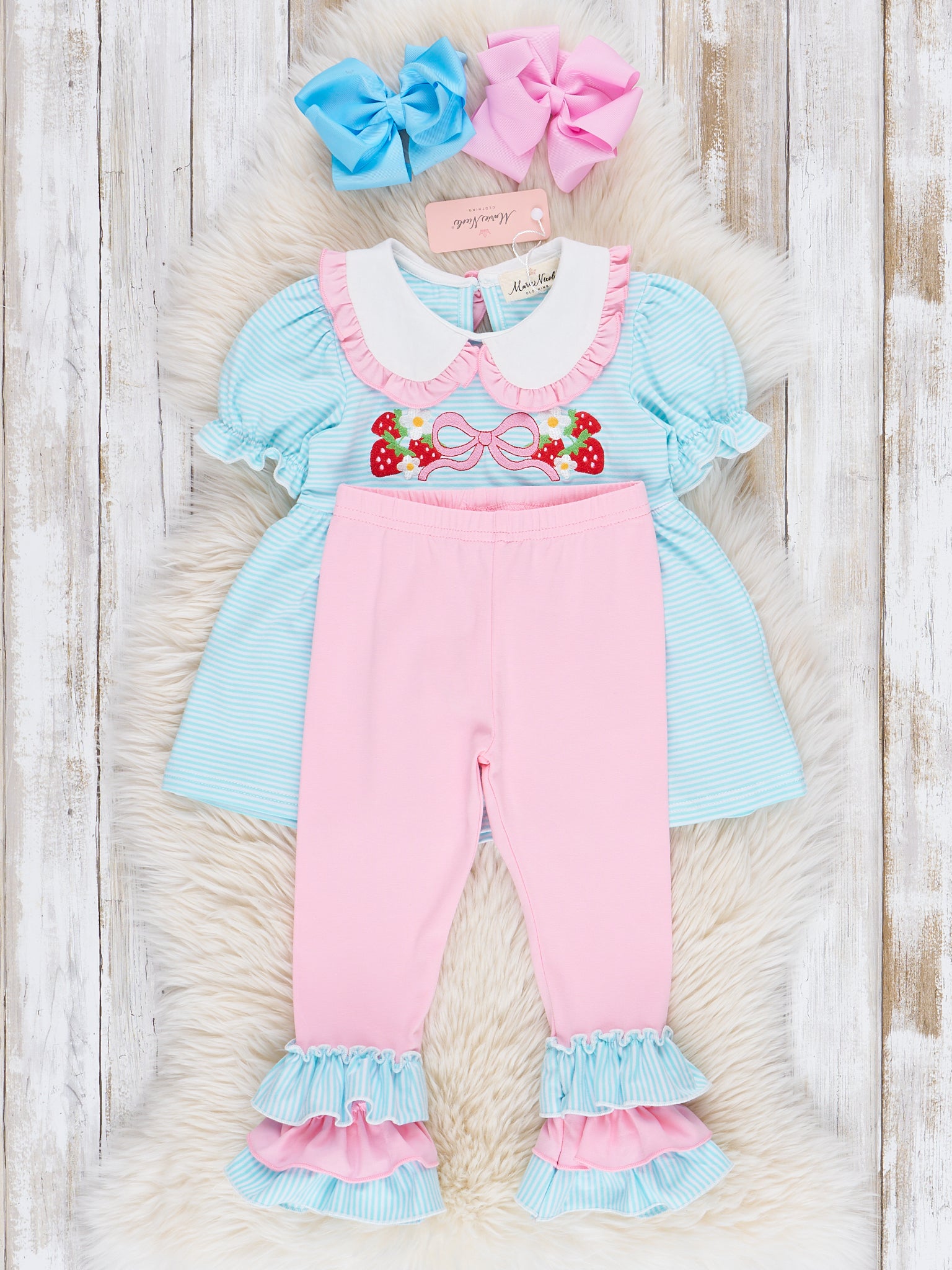 Embroidered Strawberry Bows Ruffle Outfit - Marie Nicole Clothing