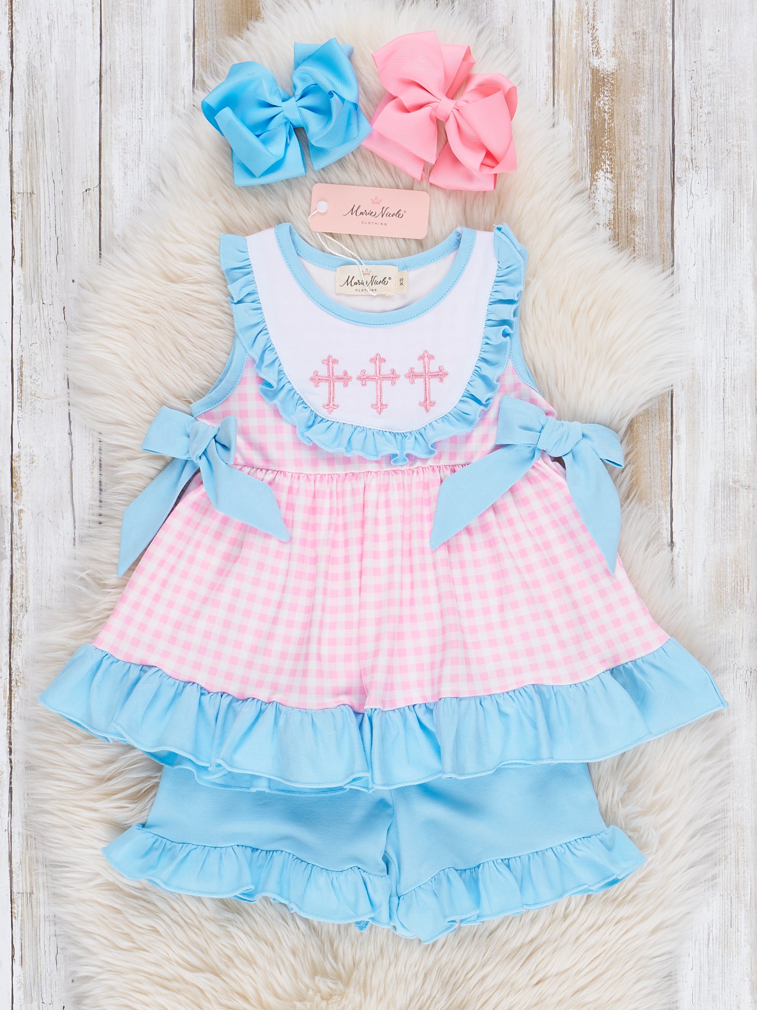 Blue & Pink Gingham Cross Ruffle Outfit - Marie Nicole Clothing