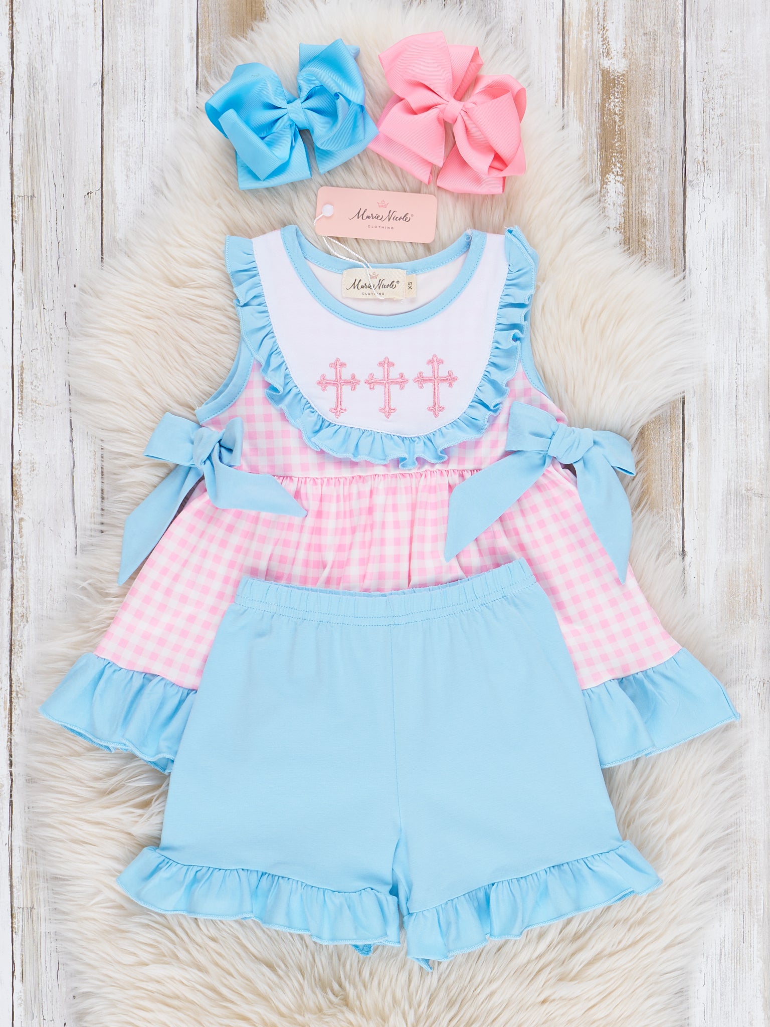 Blue & Pink Gingham Cross Ruffle Outfit - Marie Nicole Clothing
