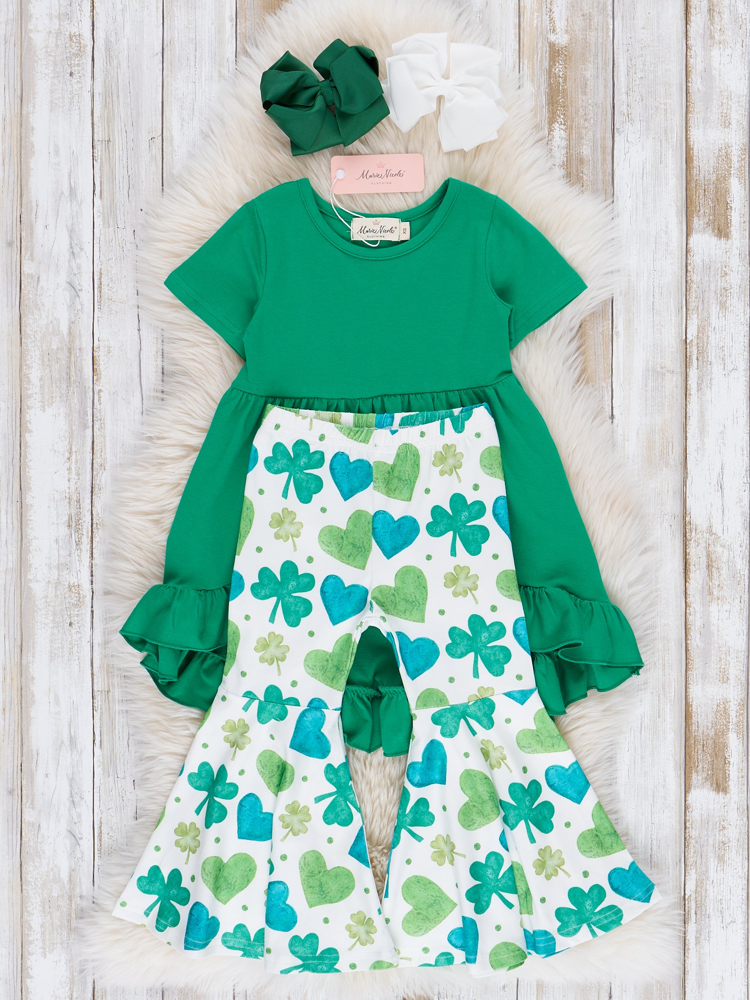 Green Hearts & Clovers Ruffle Outfit - Marie Nicole Clothing