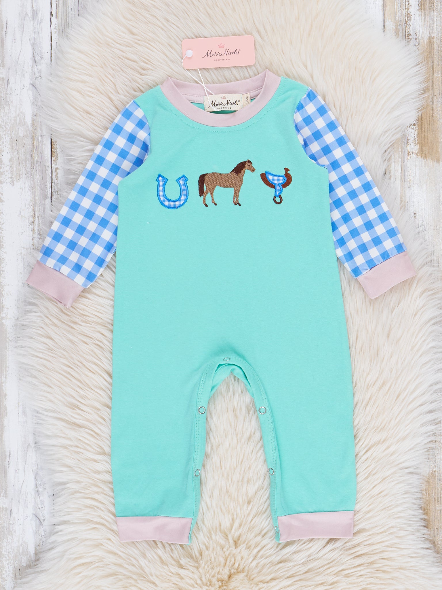 Embroidered Horsing Around Gingham Romper - Marie Nicole Clothing