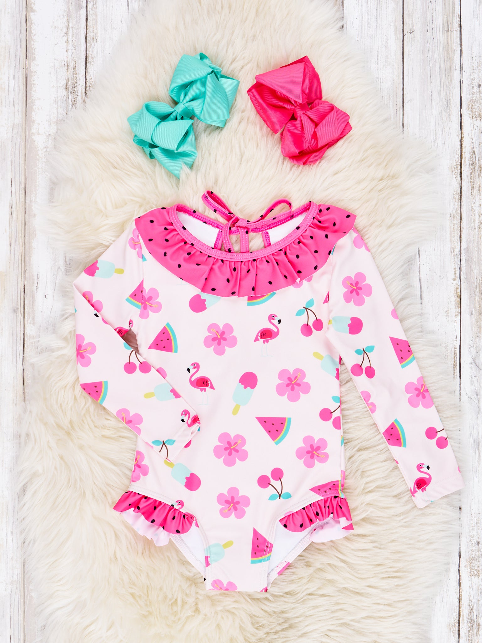 Watermelon & Flamingo Ruffle Rash Guard Swimsuit - Marie Nicole Clothing
