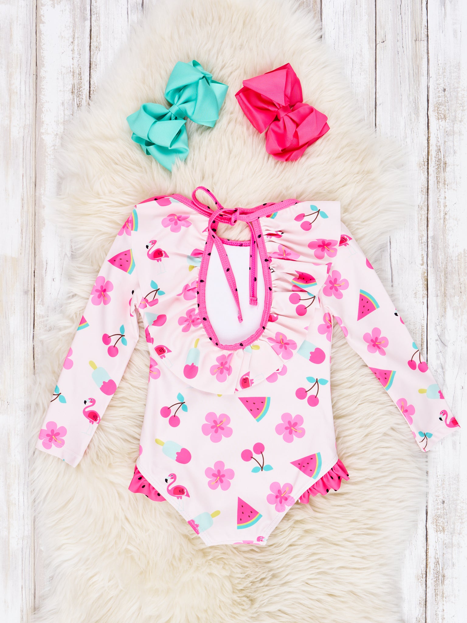 Watermelon & Flamingo Ruffle Rash Guard Swimsuit - Marie Nicole Clothing