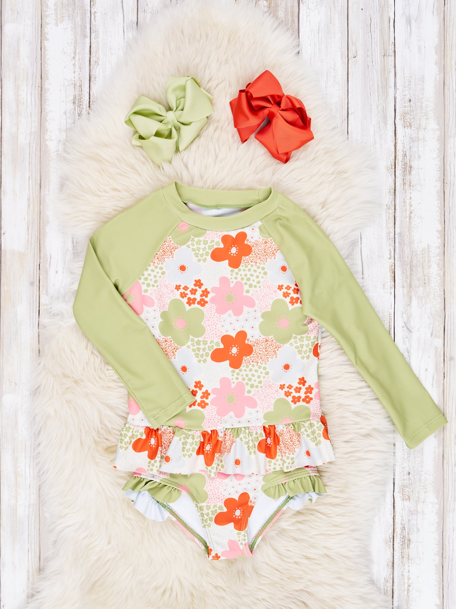 Green Floral Ruffle Rash Guard Swimsuit - Marie Nicole Clothing