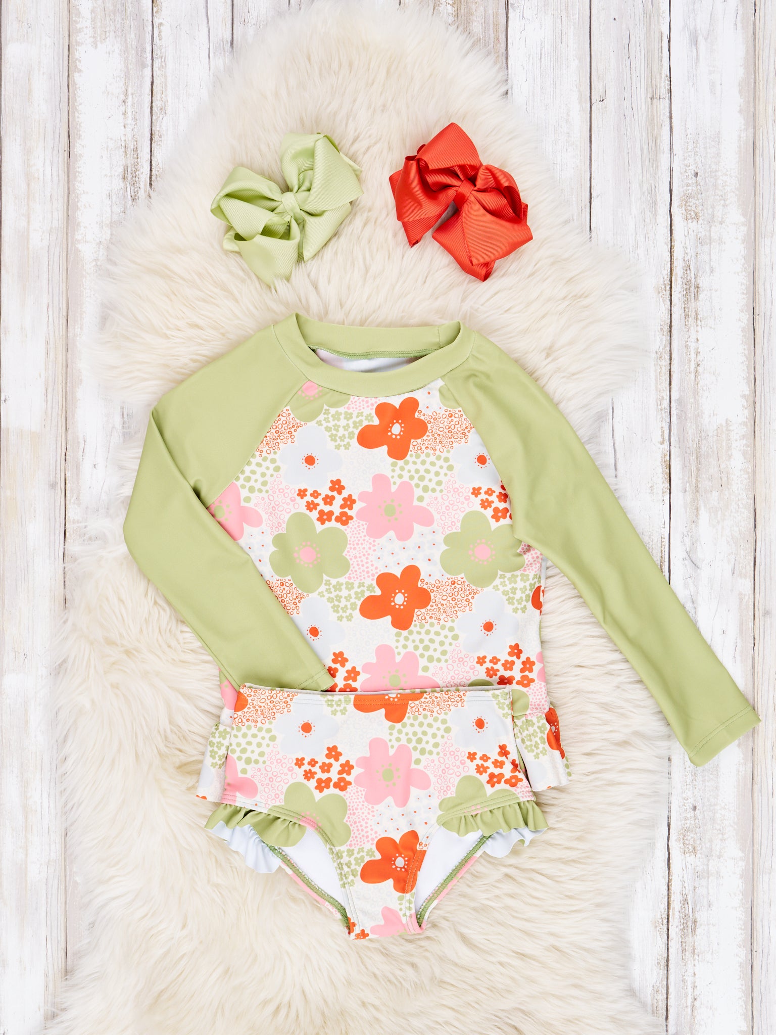 Green Floral Ruffle Rash Guard Swimsuit - Marie Nicole Clothing