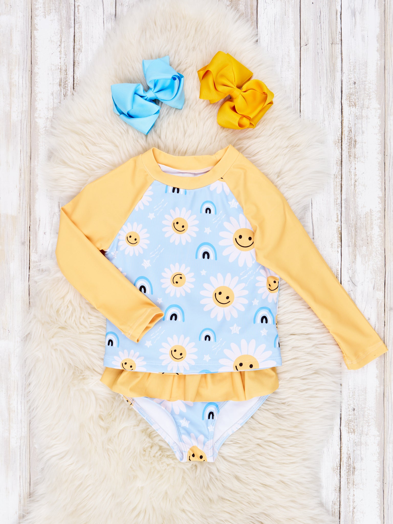 Rainbow Daisy Ruffle Rash Guard Swimsuit - Marie Nicole Clothing