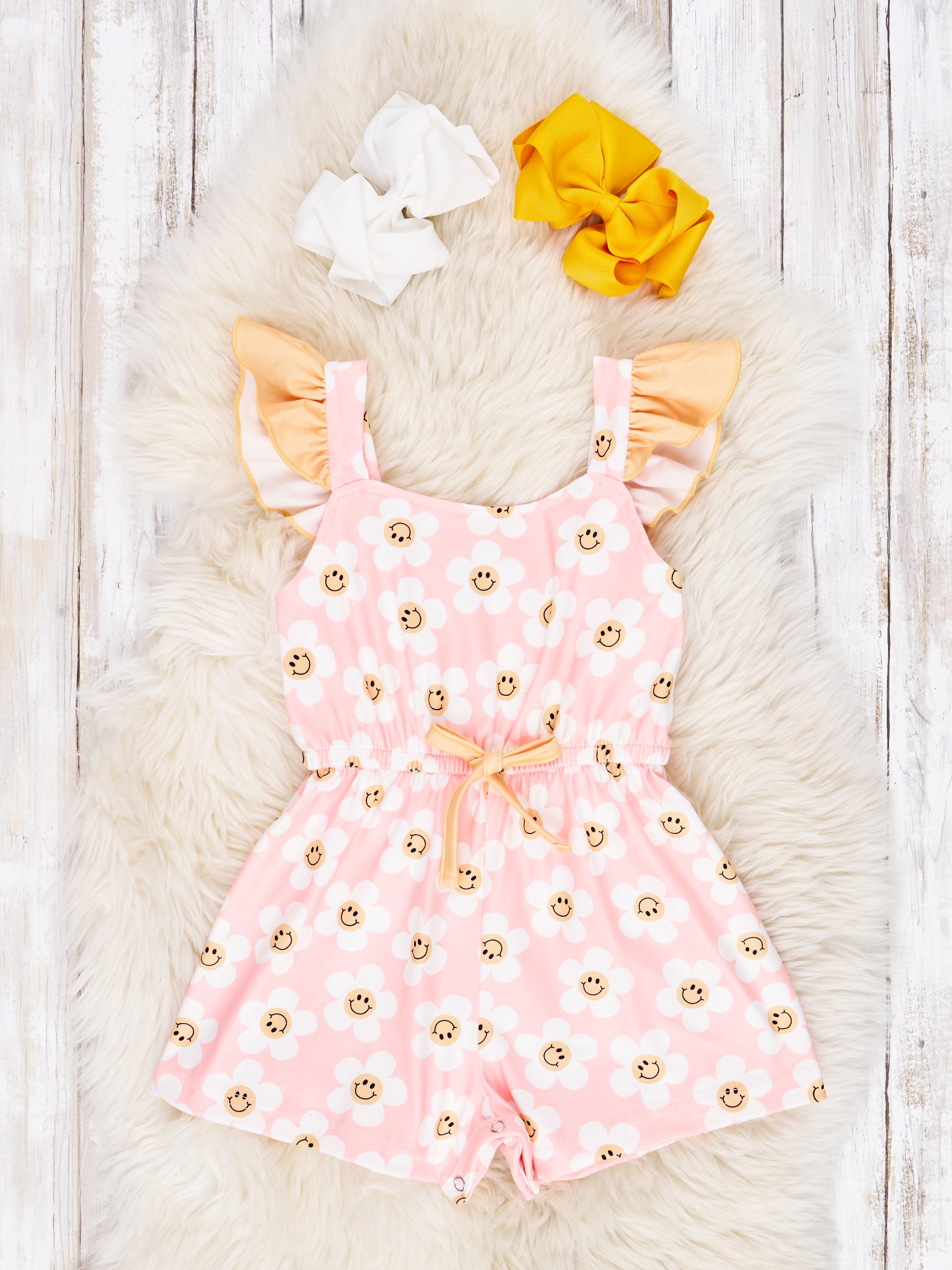 Pink Smiley Daisy Ruffle Jumpsuit - Marie Nicole Clothing