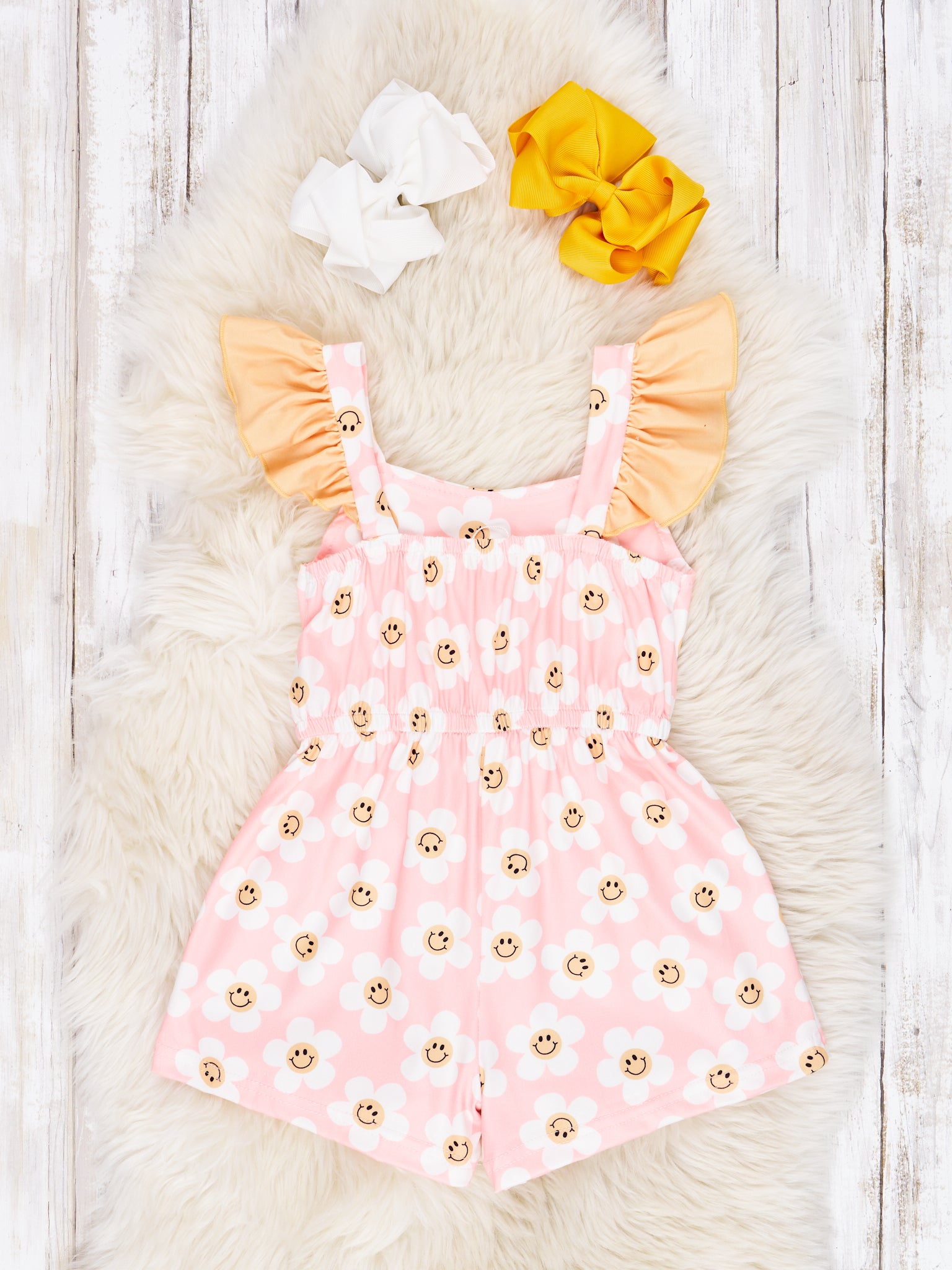 Pink Smiley Daisy Ruffle Jumpsuit - Marie Nicole Clothing