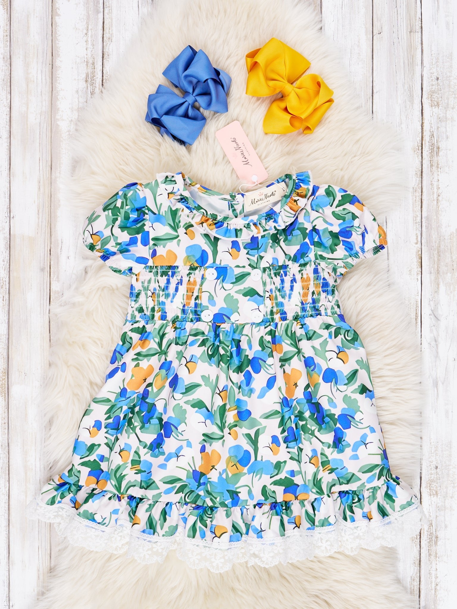 Smocked Royal Blue Floral Ruffle Dress - Marie Nicole Clothing