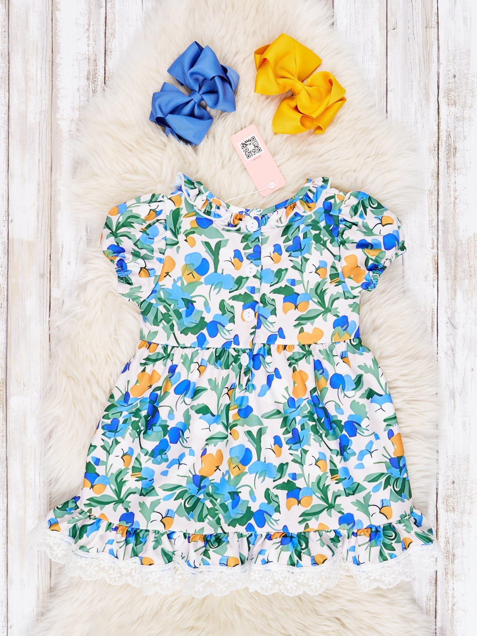 Smocked Royal Blue Floral Ruffle Dress - Marie Nicole Clothing