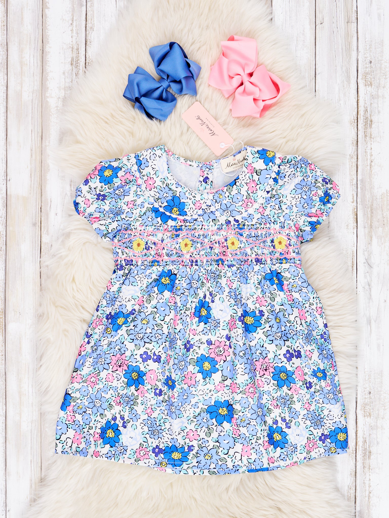 Smocked Navy Floral Vintage Dress - Marie Nicole Clothing
