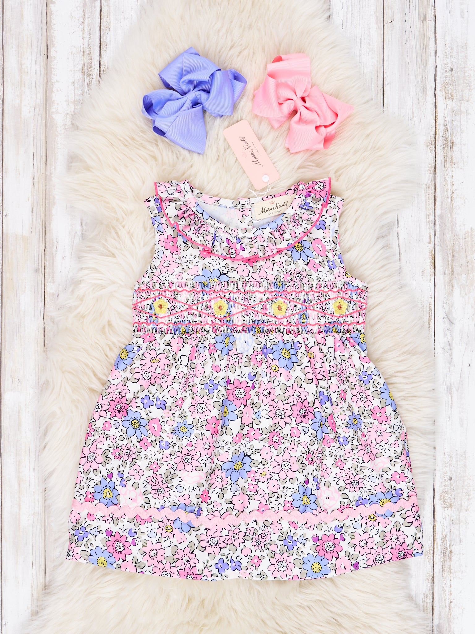 Smocked Pink Floral Ruffle Tank Dress - Marie Nicole Clothing