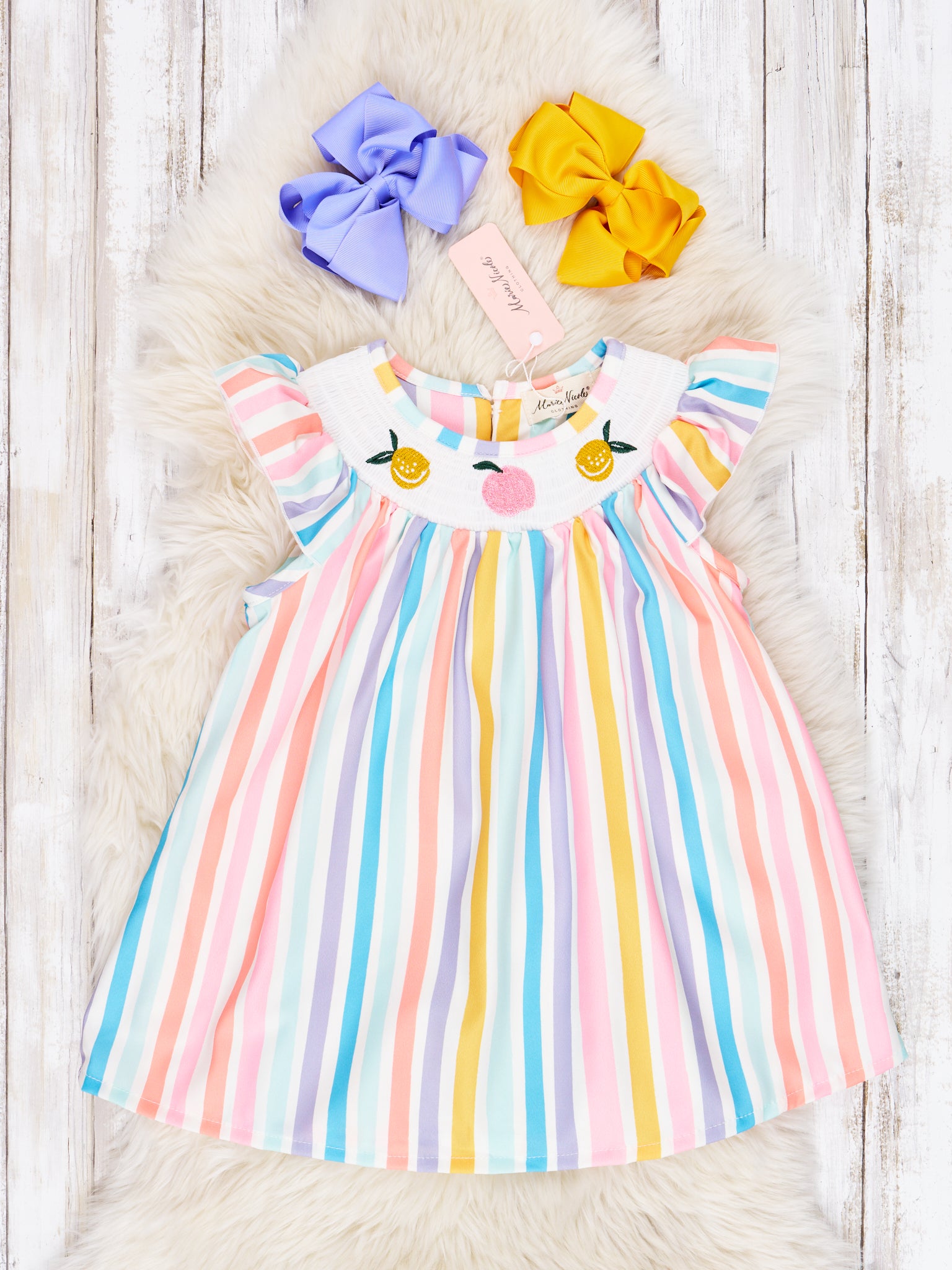 Smocked Striped Citrus Ruffle Dress - Marie Nicole Clothing