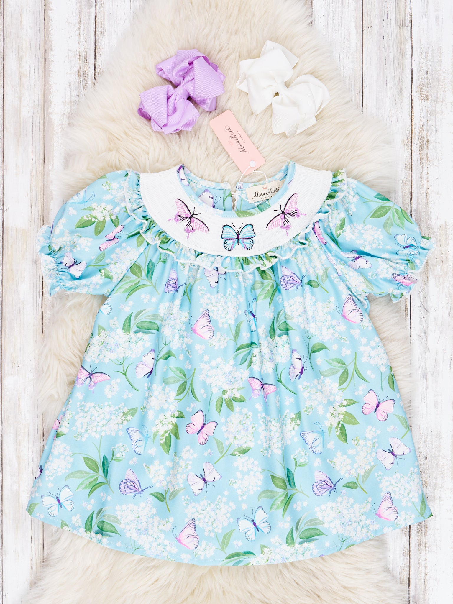 Smocked Blue Butterfly Dress - Marie Nicole Clothing