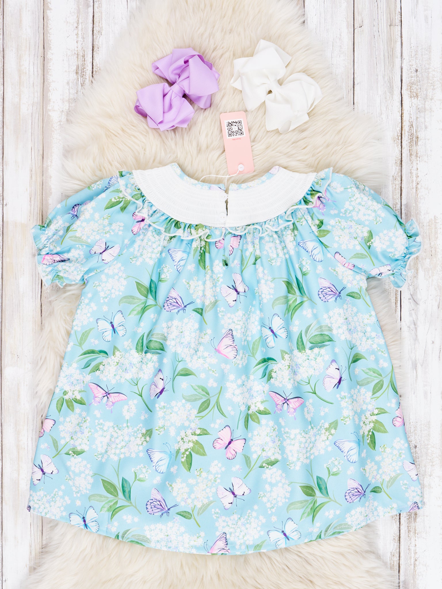Smocked Blue Butterfly Dress - Marie Nicole Clothing