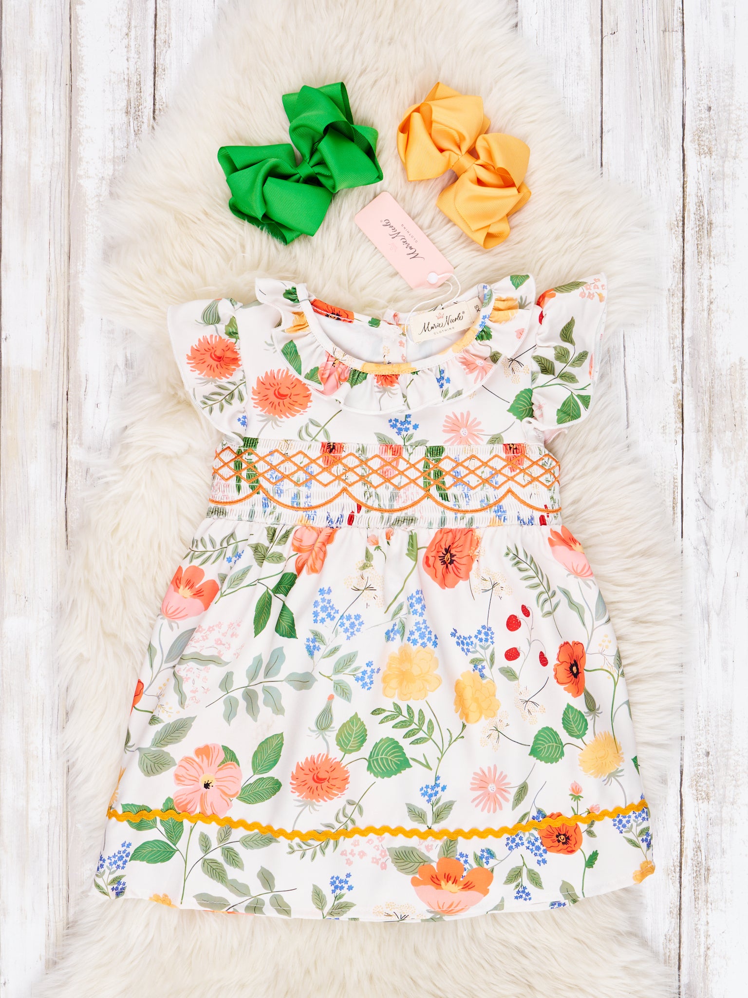 Smocked Summer Botanical Ruffle Dress - Marie Nicole Clothing