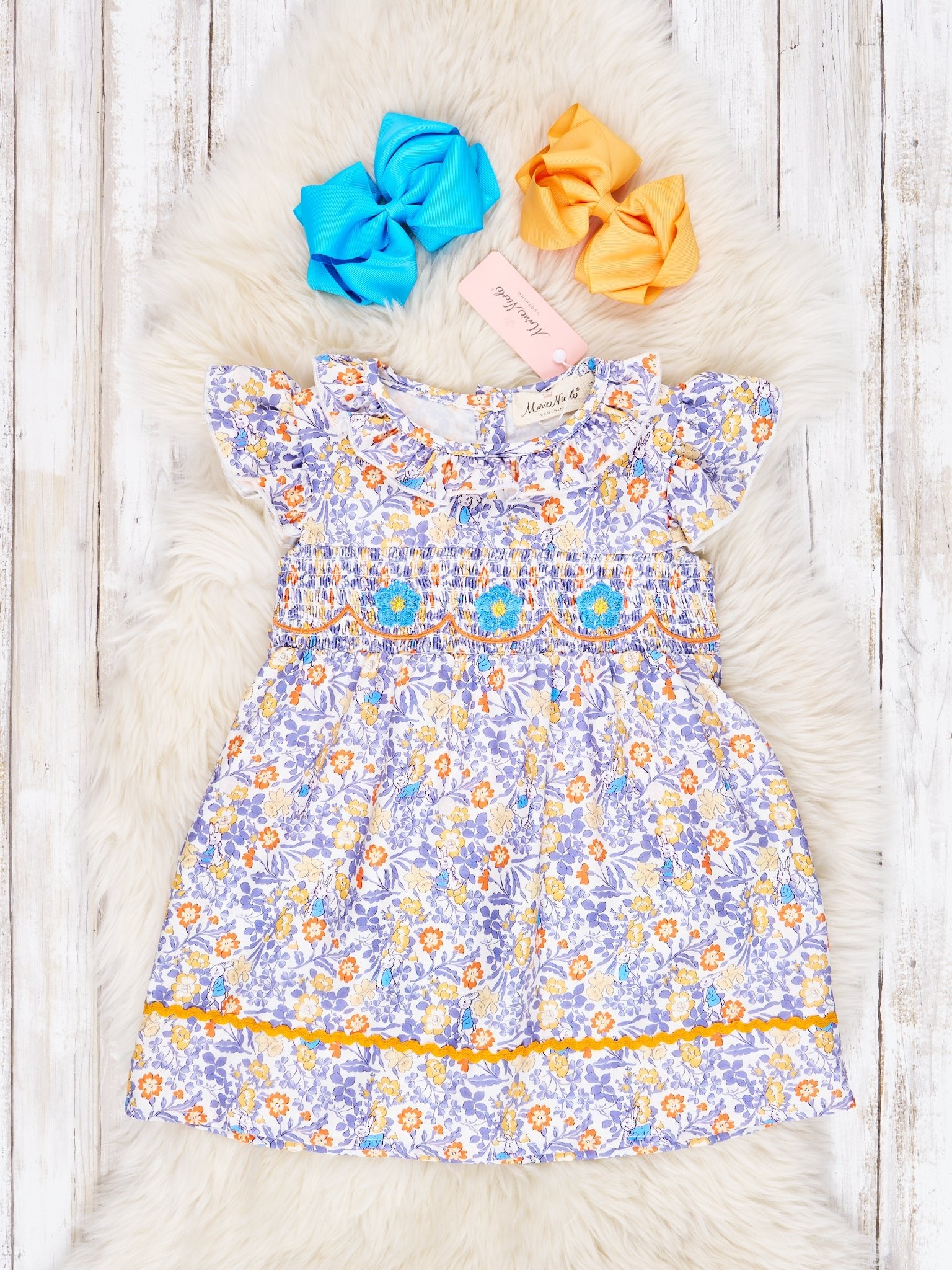 Smocked Yellow Floral Tie Ruffle Dress - Marie Nicole Clothing