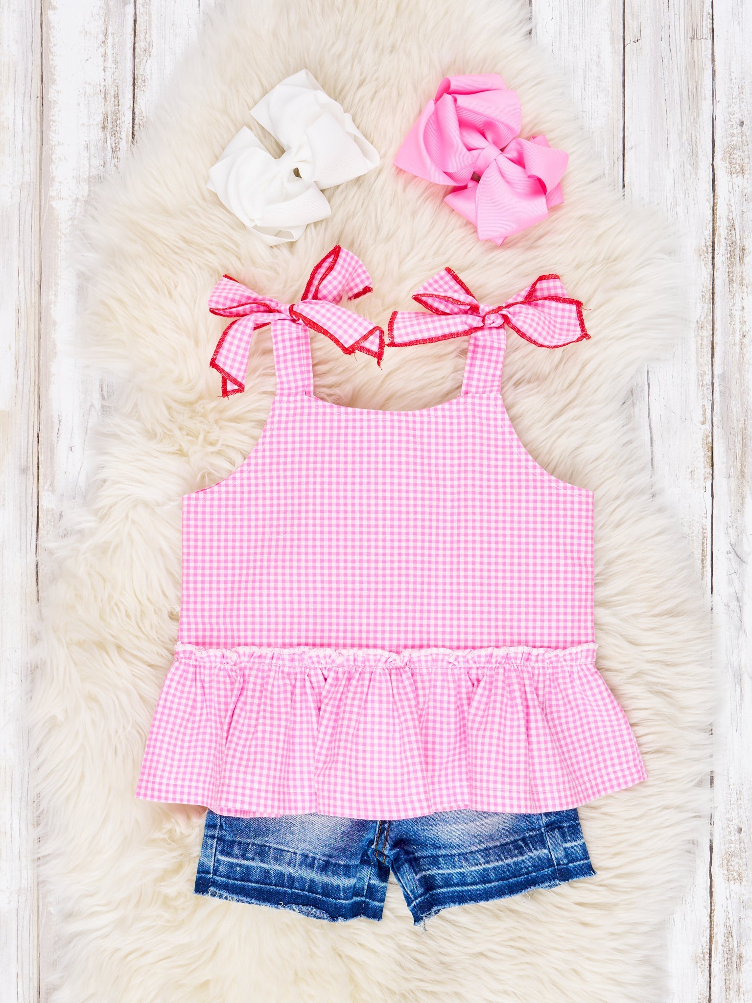Pink Gingham Peplum Tank & Denim Shorts Outfit - Marie Nicole Clothing