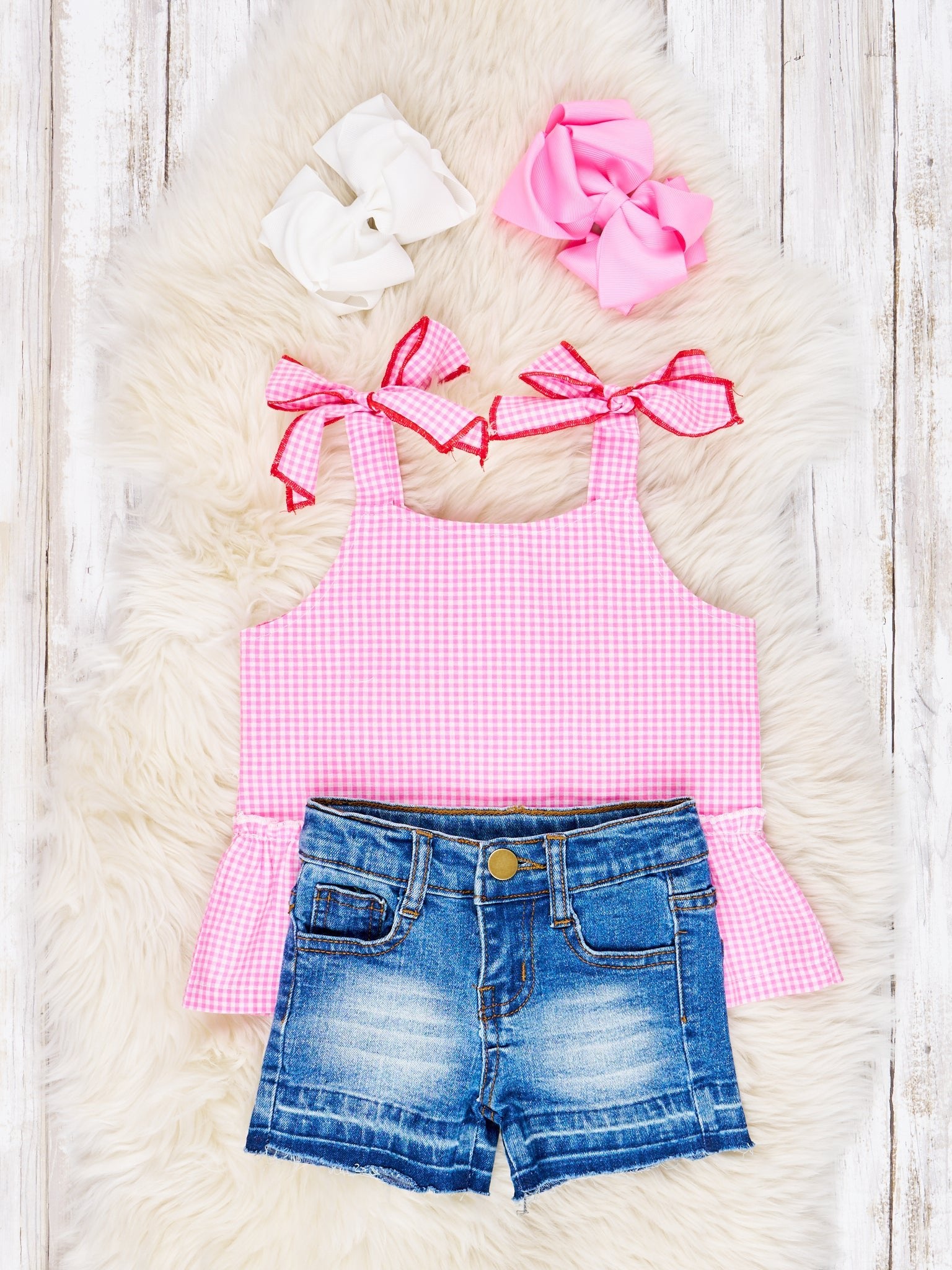 Pink Gingham Peplum Tank & Denim Shorts Outfit - Marie Nicole Clothing
