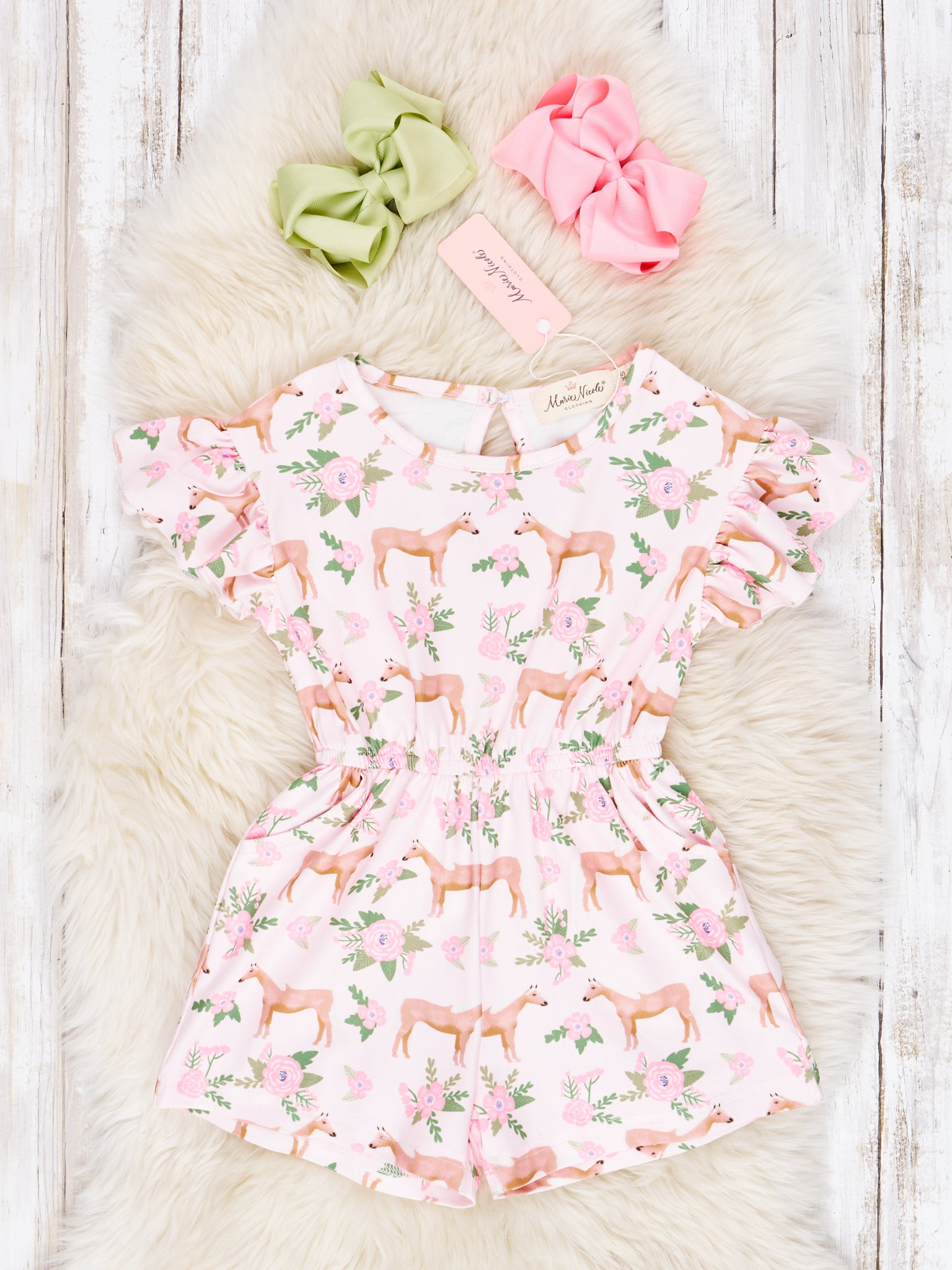 Sage Floral Horse Ruffle Jumpsuit - Marie Nicole Clothing