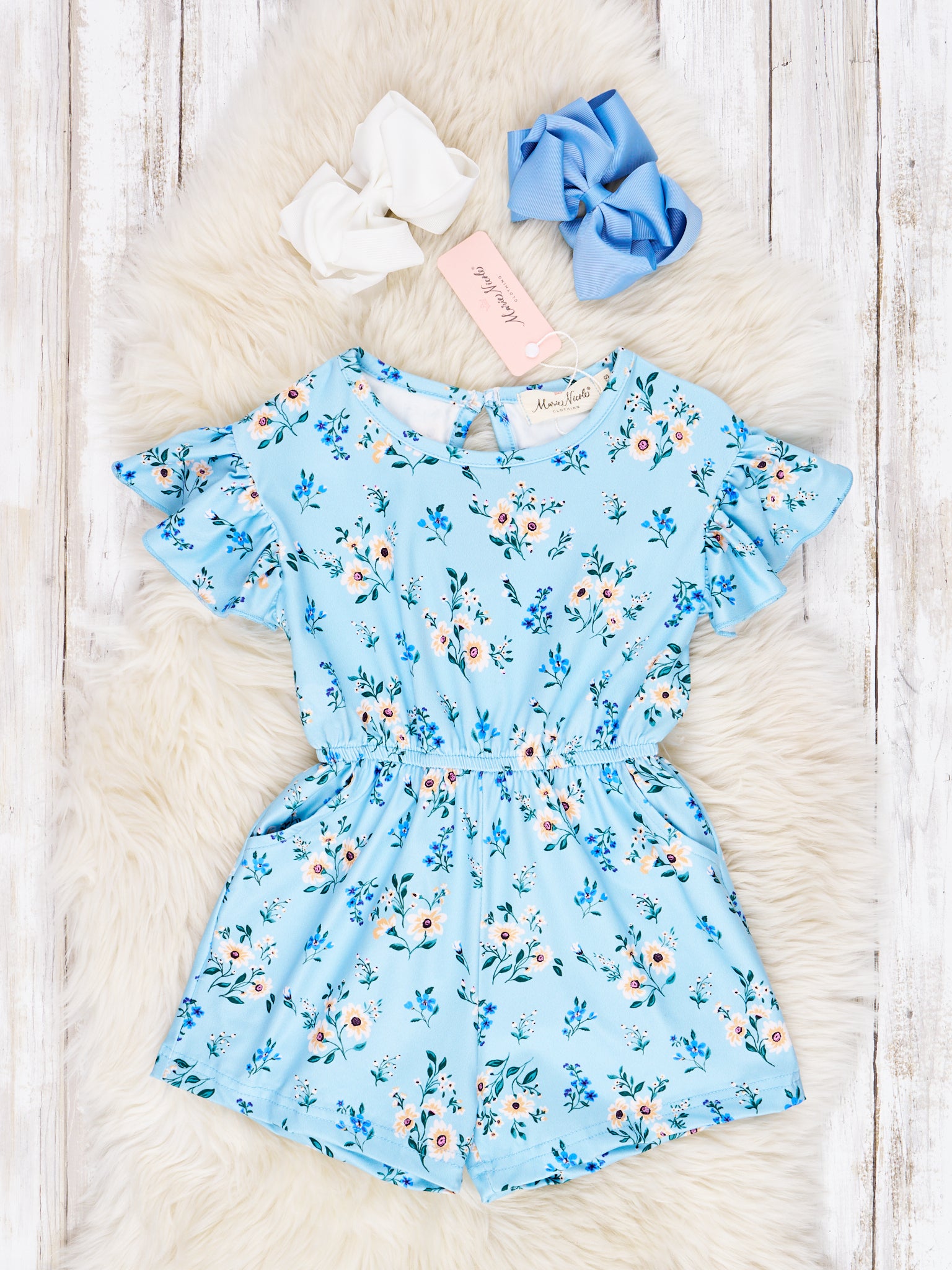 Cornflower Blue Floral Ruffle Jumpsuit - Marie Nicole Clothing