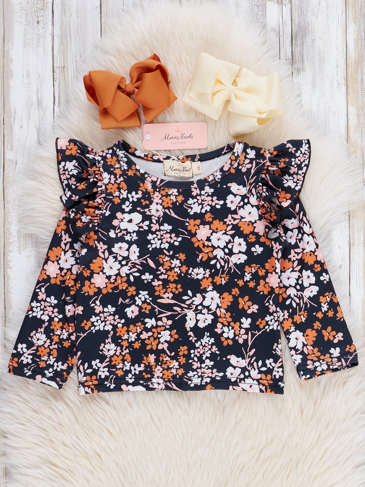 Black & Bronze Floral Velvet Ruffle Skirtall Set - Marie Nicole Clothing