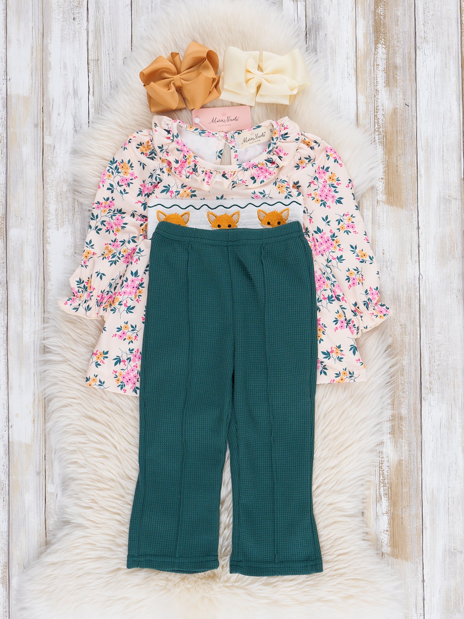 Hunter Green Floral Smocked Little Fox Outfit - Marie Nicole Clothing