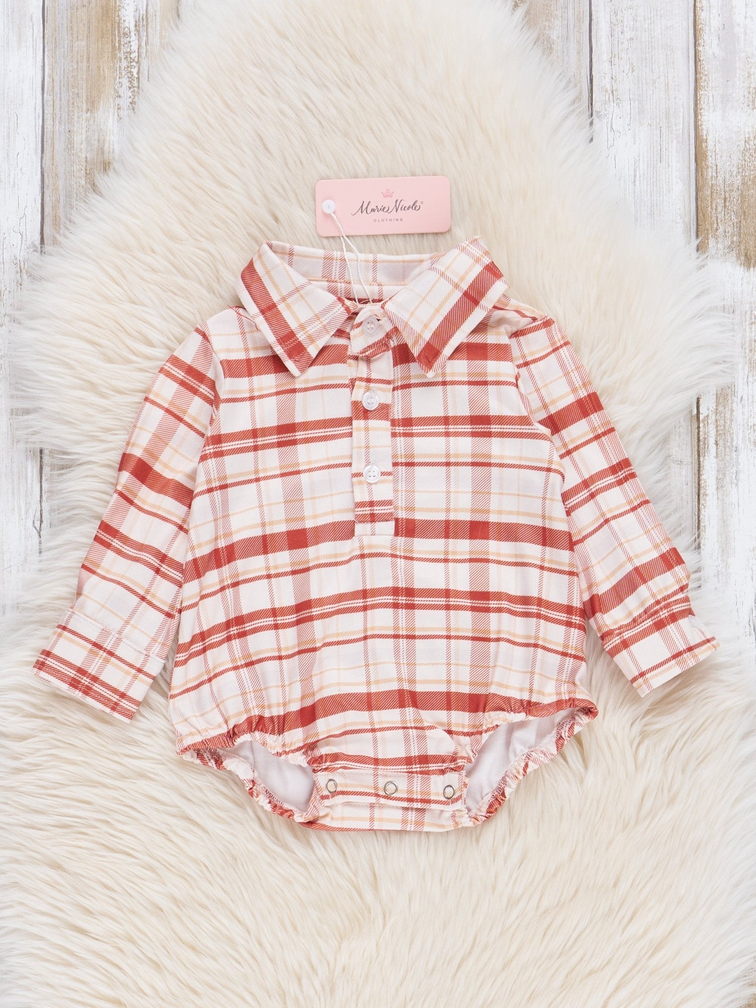 Copper Plaid Button Up Bubble Romper - Marie Nicole Clothing