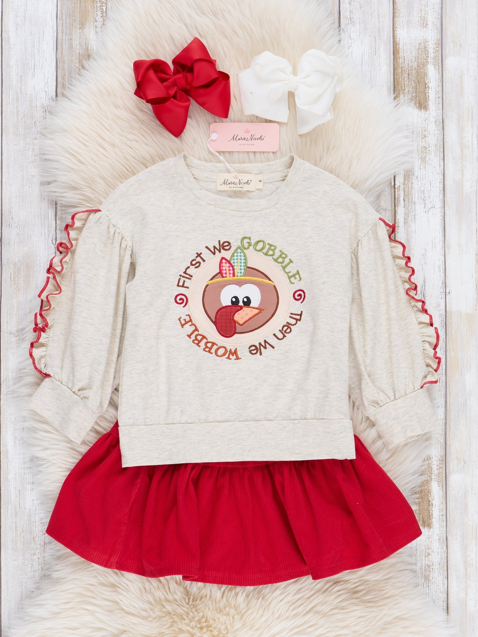 Heathered Oatmeal & Red Gobble & Wobble Outfit w/ Skirt - Marie Nicole Clothing