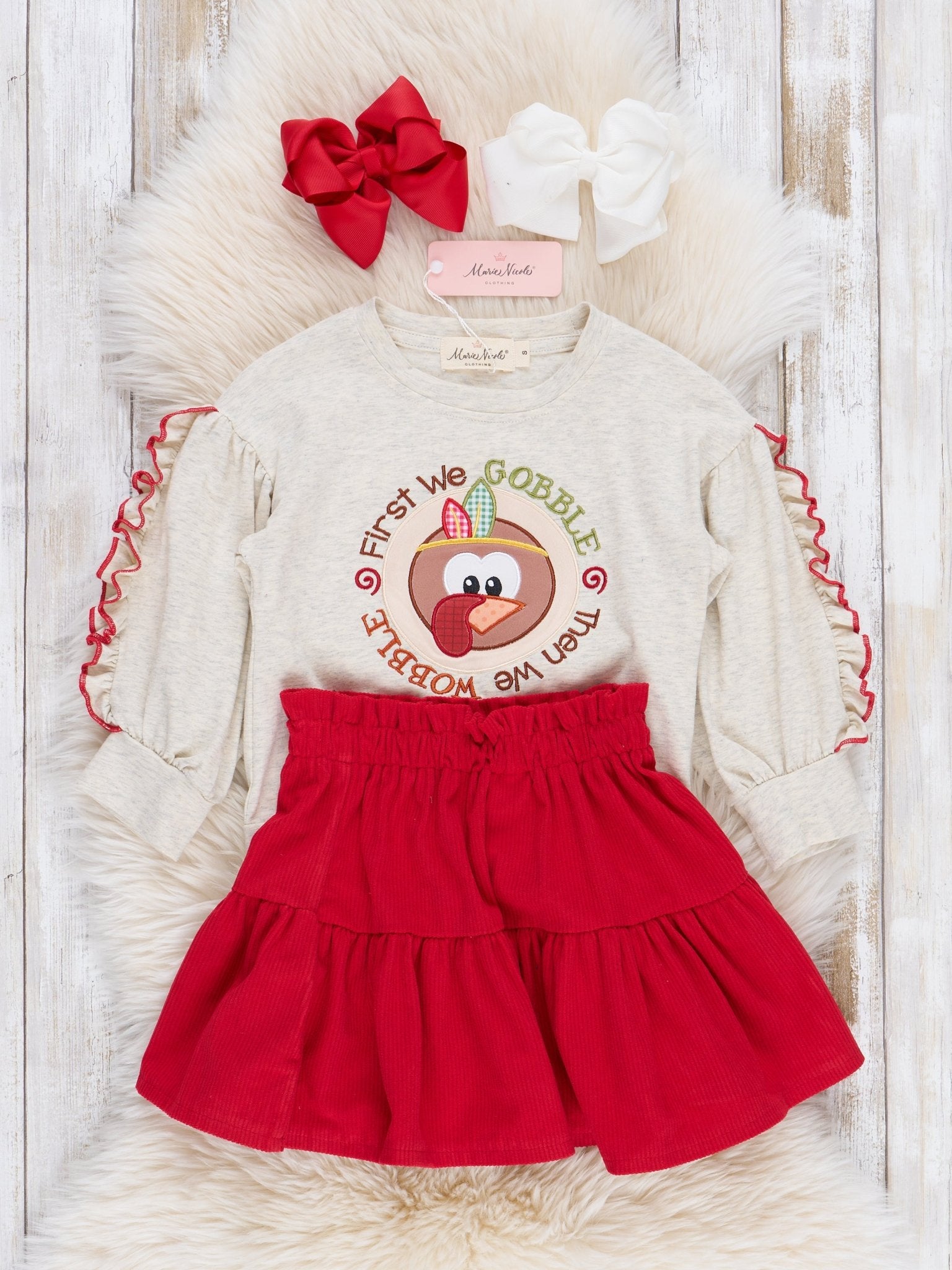 Heathered Oatmeal & Red Gobble & Wobble Outfit w/ Skirt - Marie Nicole Clothing