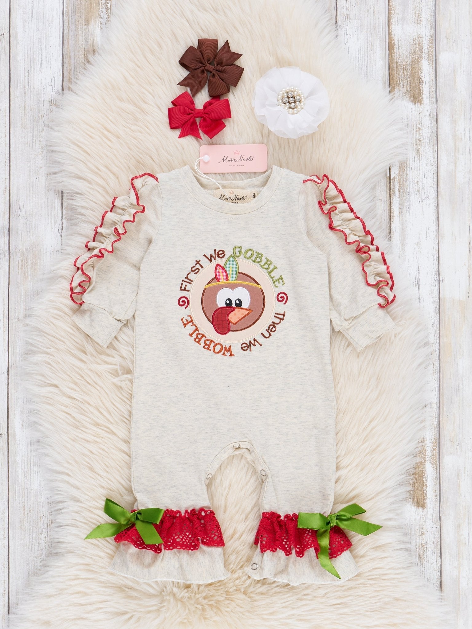 Heathered Oatmeal & Red Gobble & Wobble Romper - Marie Nicole Clothing