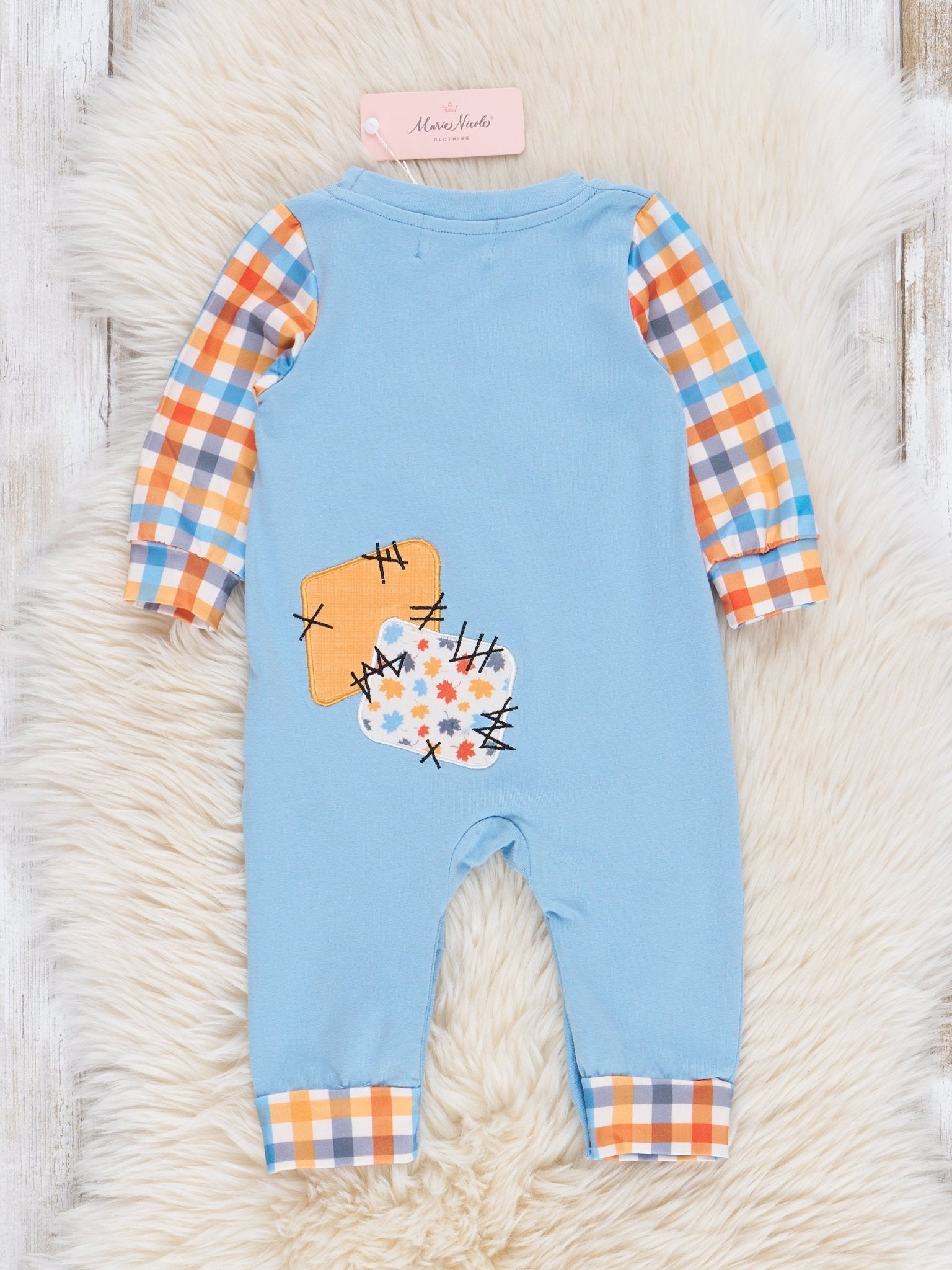 Soft Blue & Orange Gingham Patch Romper - Marie Nicole Clothing
