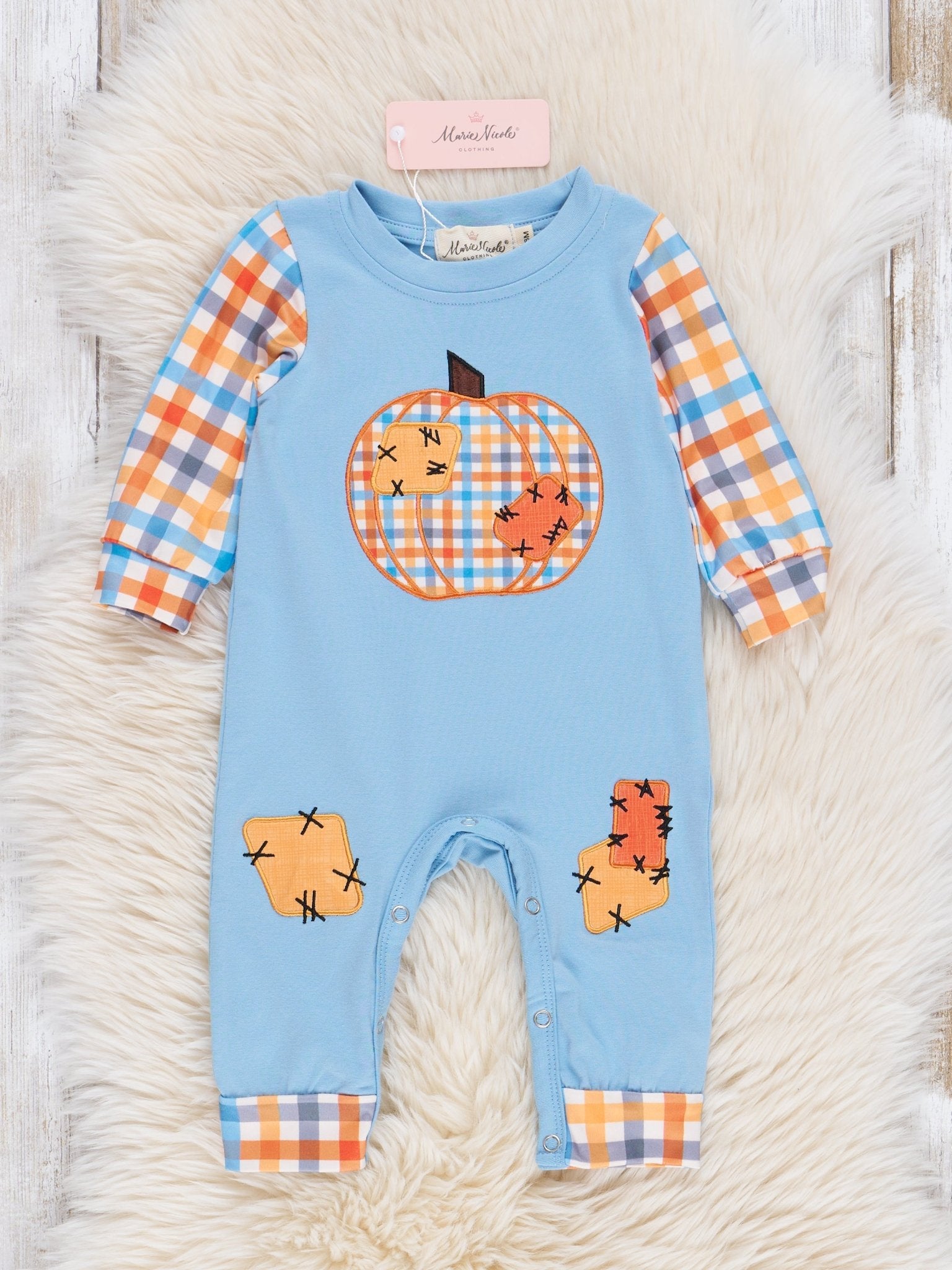 Soft Blue & Orange Gingham Patch Romper - Marie Nicole Clothing
