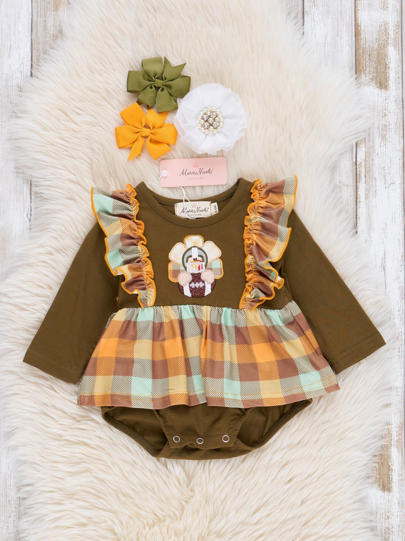 Olive Embroidered Turkey Ruffle Bubble Romper - Marie Nicole Clothing
