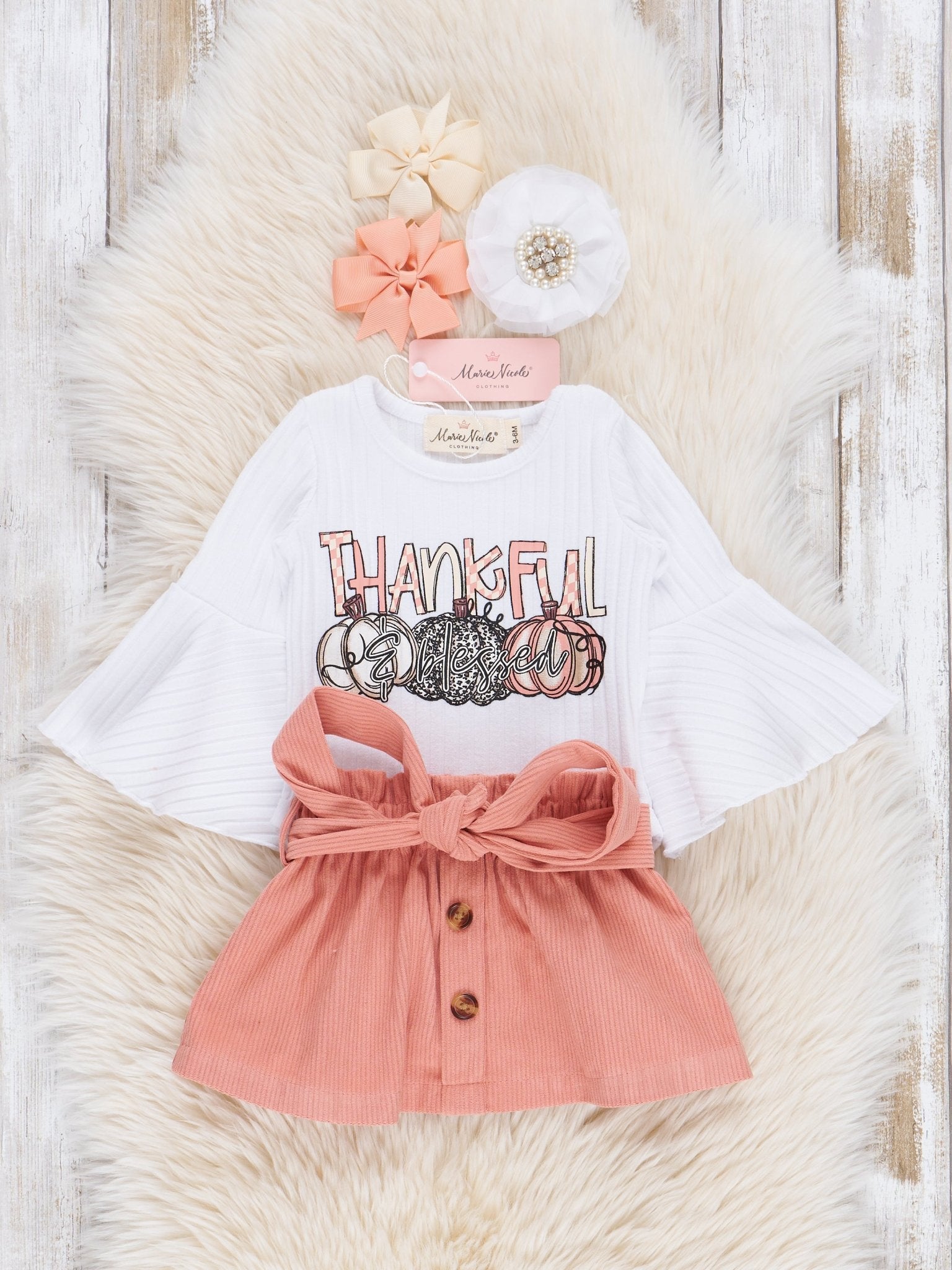 Peach Thankful Pumpkins Bubble Outfit w/ Corduroy Skirt - Marie Nicole Clothing